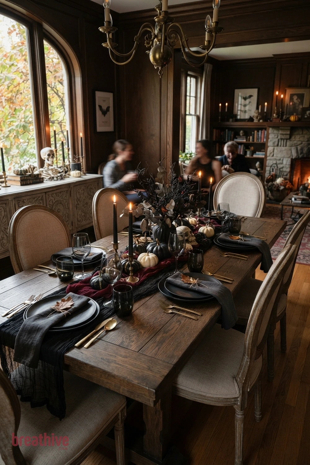 spooky tablescape Halloween dining room idea with seasonal decor grouped away from the busiest prep, serving, or seating area