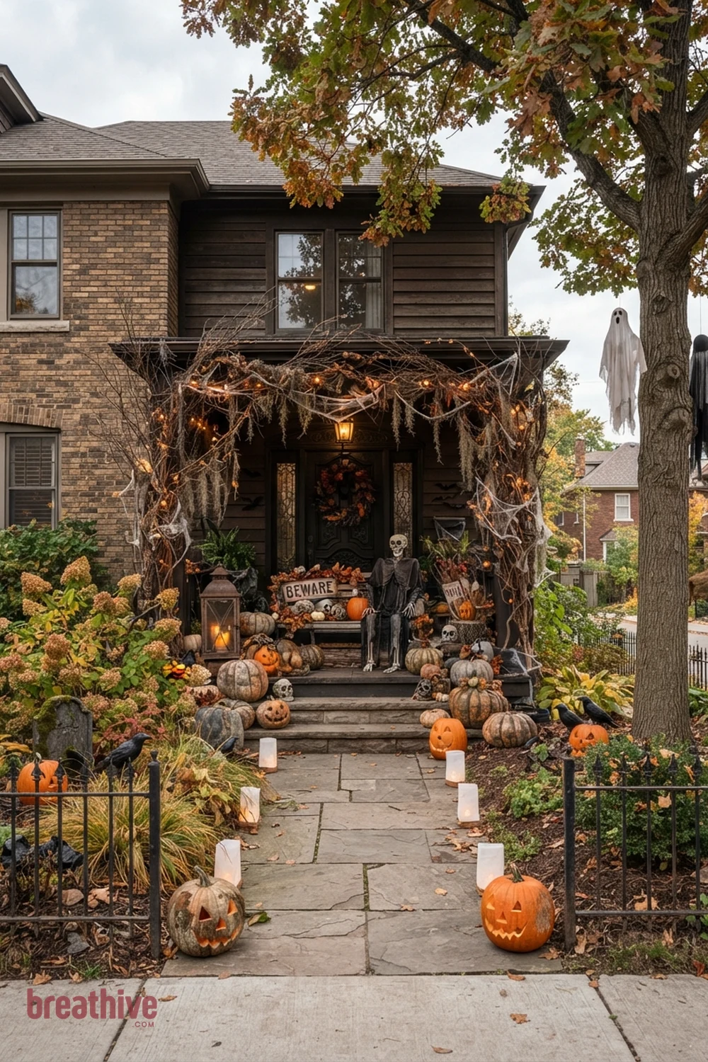 spooky aesthetic Halloween front yard idea with main outdoor decorative scene positioned where it can be seen clearly without blocking circulation