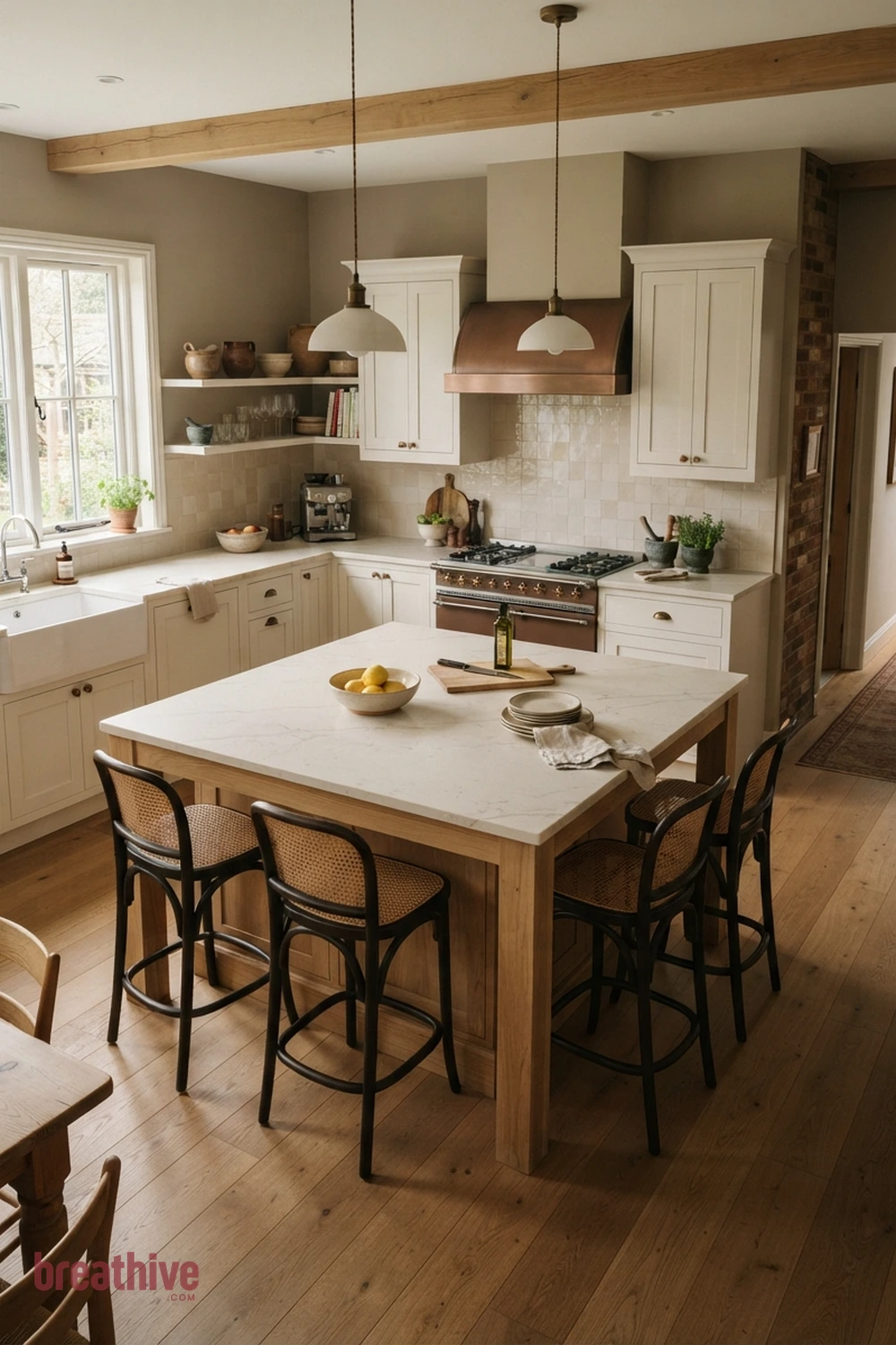 Square Island With Four-Sided Seating in a thoughtful kitchen