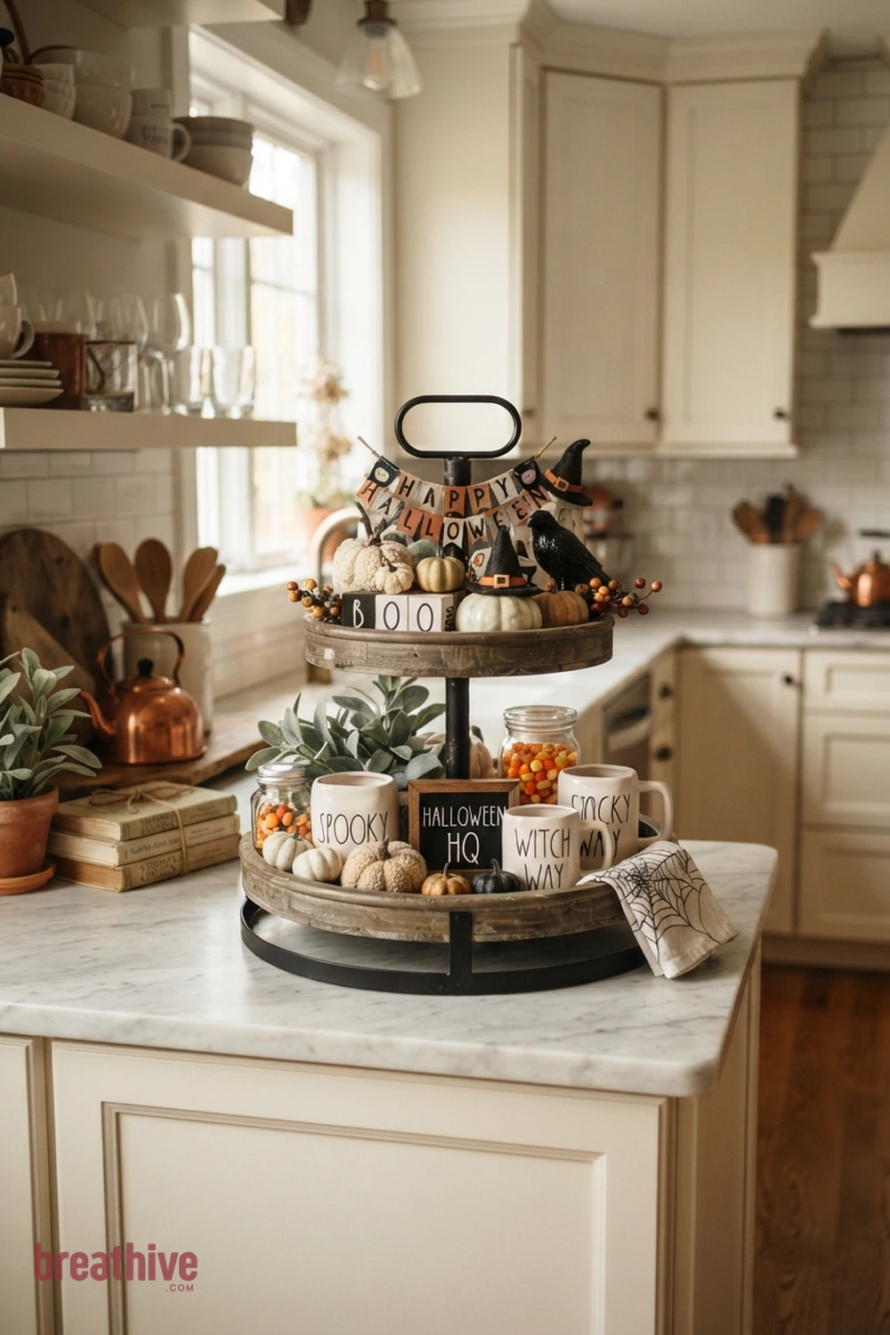 tiered tray Halloween kitchen counter idea with seasonal decor grouped away from the busiest prep, serving, or seating area