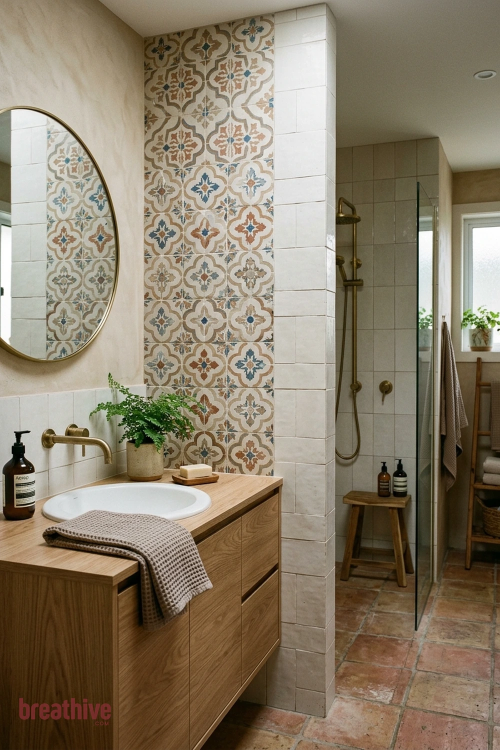 Mix One Statement Tile With Quiet Field Tile in a thoughtful bathroom