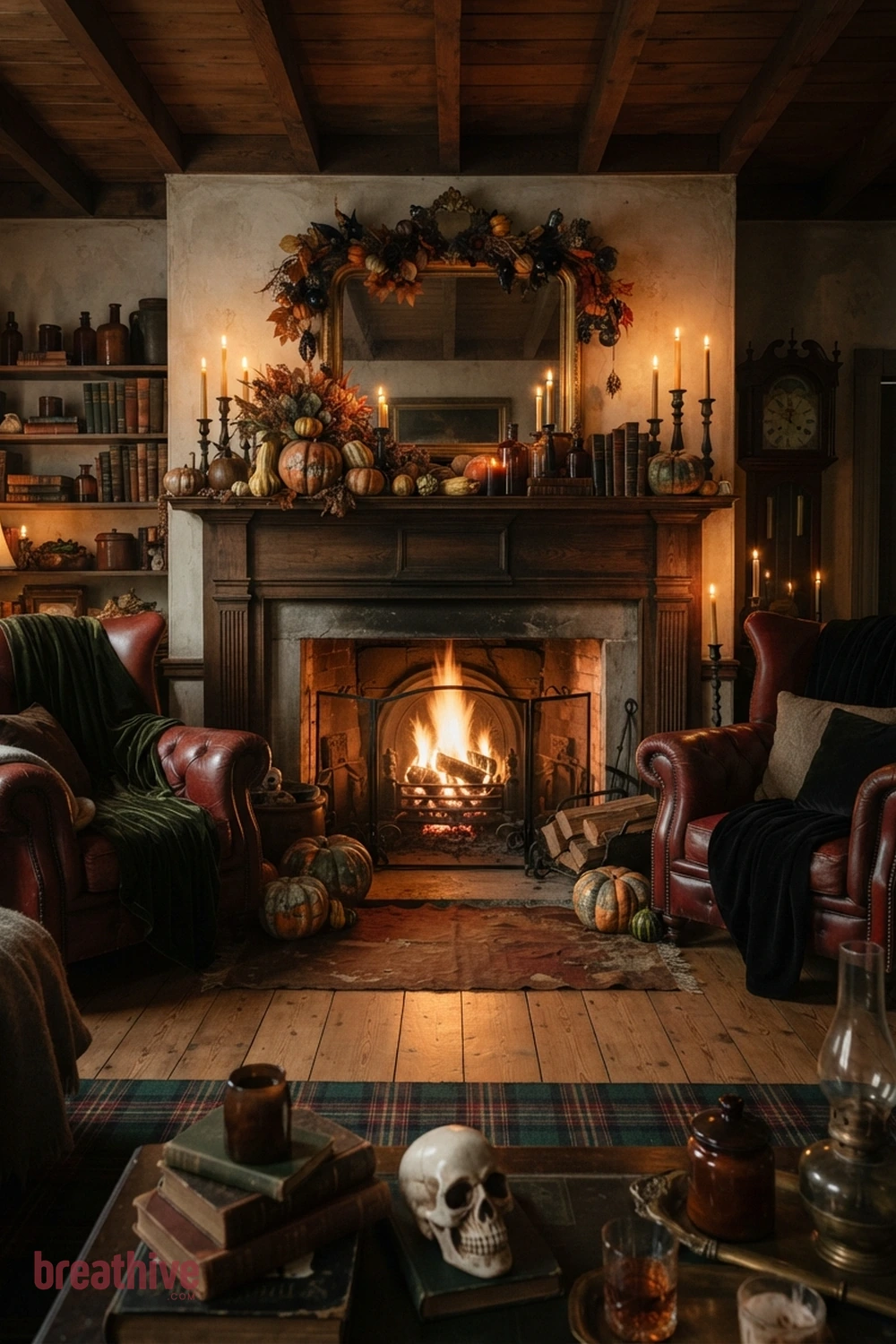 vintage Halloween living room idea with fireplace or main wall focal point using balanced seasonal height and texture