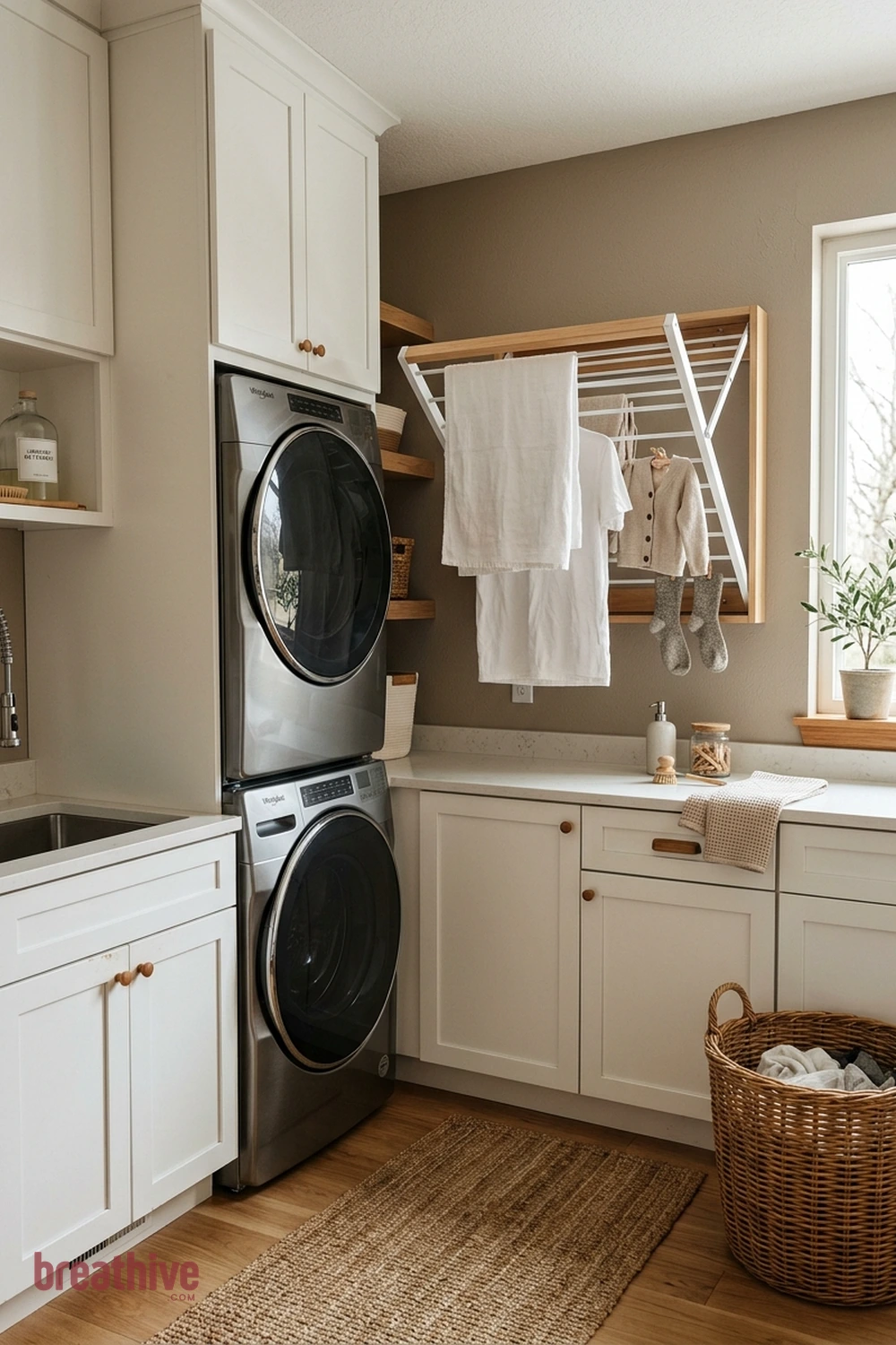 Use a Fold-Down Drying Rack in a thoughtful laundry room