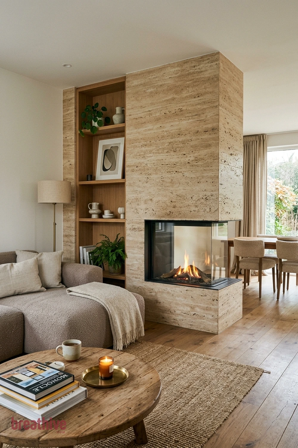 Double-Sided Fireplace Divider in a thoughtful living room