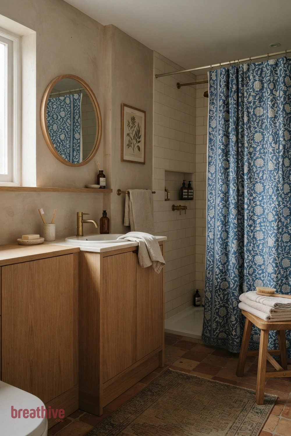 Blue-and-White Block Print in a thoughtful bathroom
