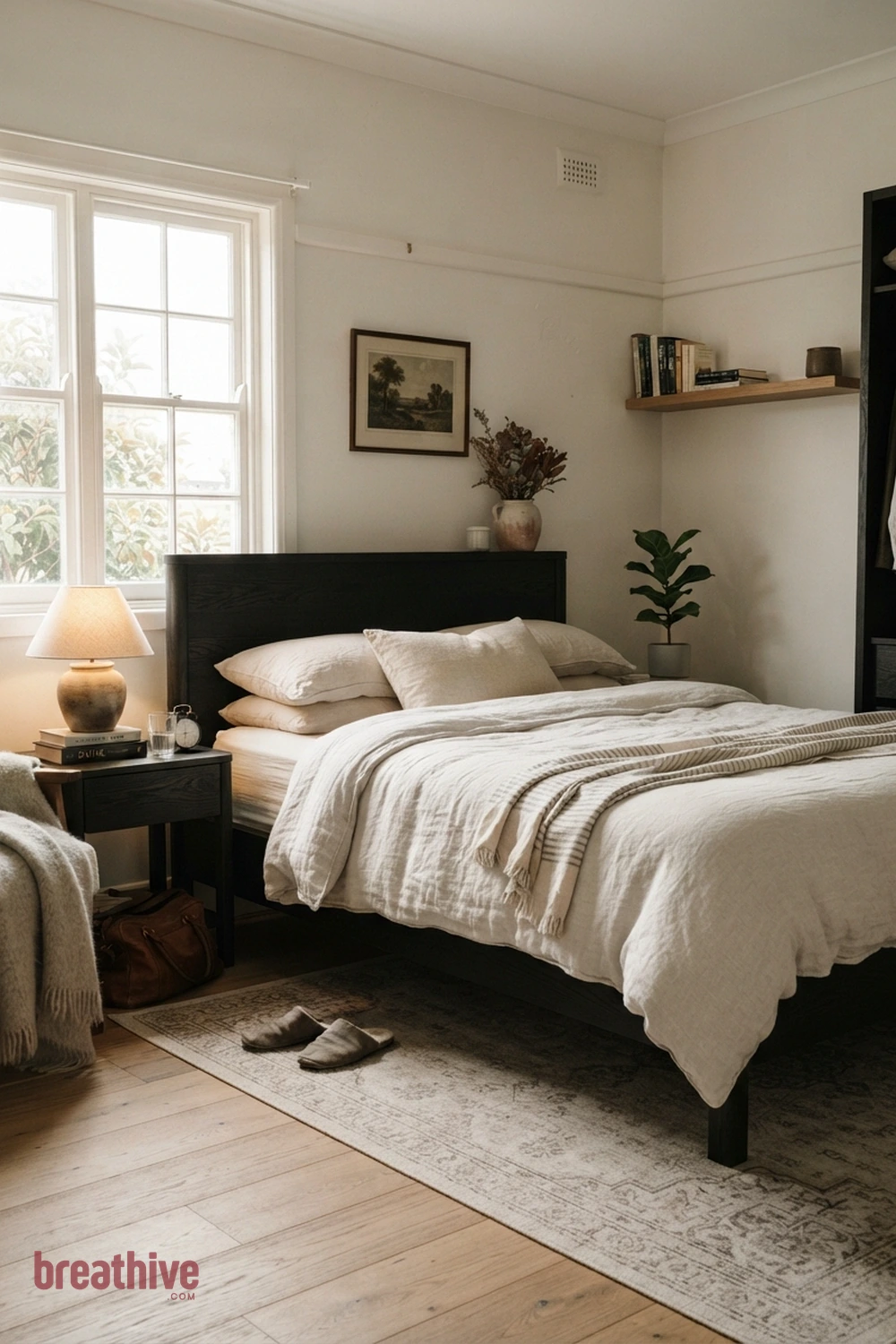 Balance Dark Furniture With Pale Textiles in a thoughtful bedroom