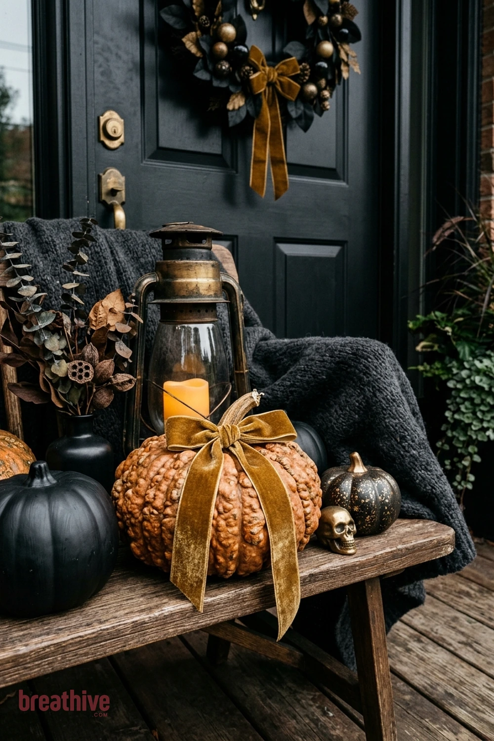 black and gold Halloween front porch idea with close material study showing seasonal surfaces, textiles, lanterns, foliage, and pumpkin texture