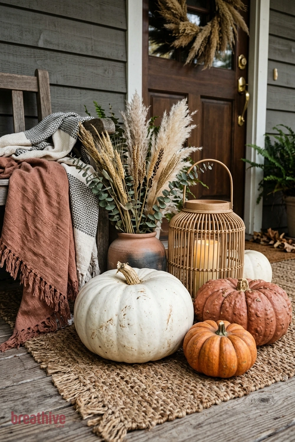 boho Halloween front porch idea with close material study showing seasonal surfaces, textiles, lanterns, foliage, and pumpkin texture