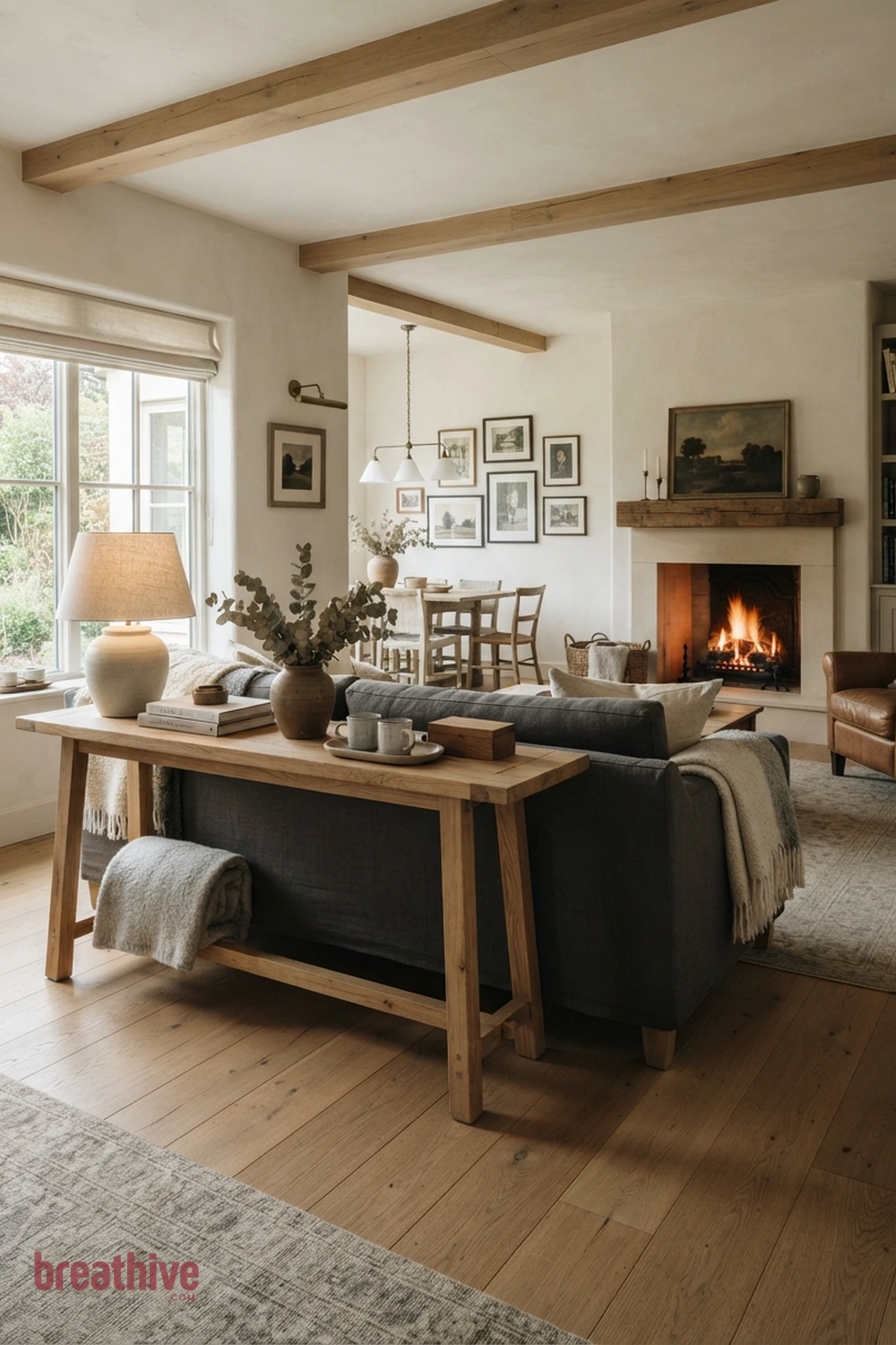 Use a Console Behind a Floating Sofa in a modern farmhouse living room
