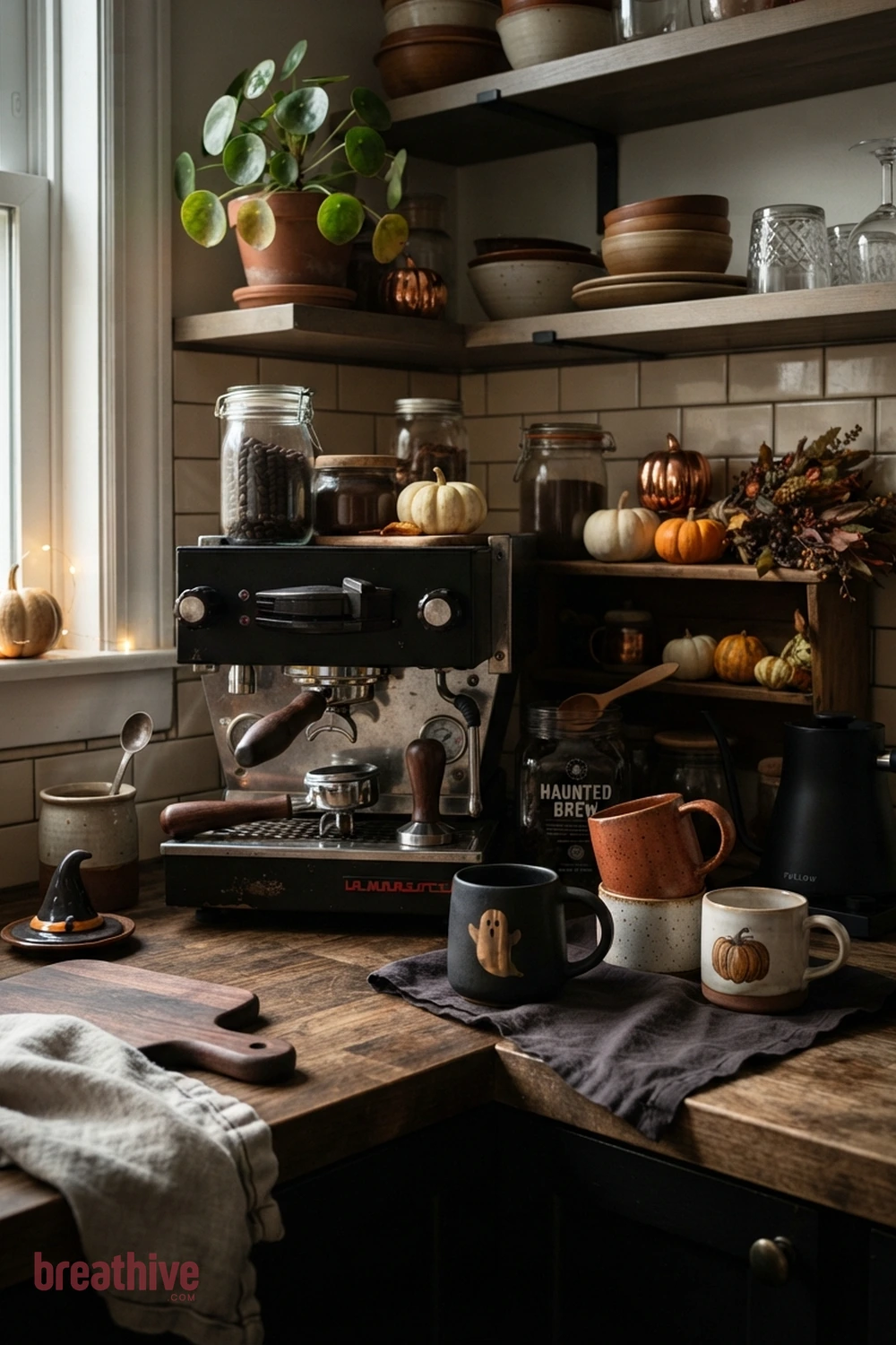 cozy coffee bar Halloween kitchen coffee station idea with close-up of ceramics, glass, textiles, wood, metal, and seasonal texture