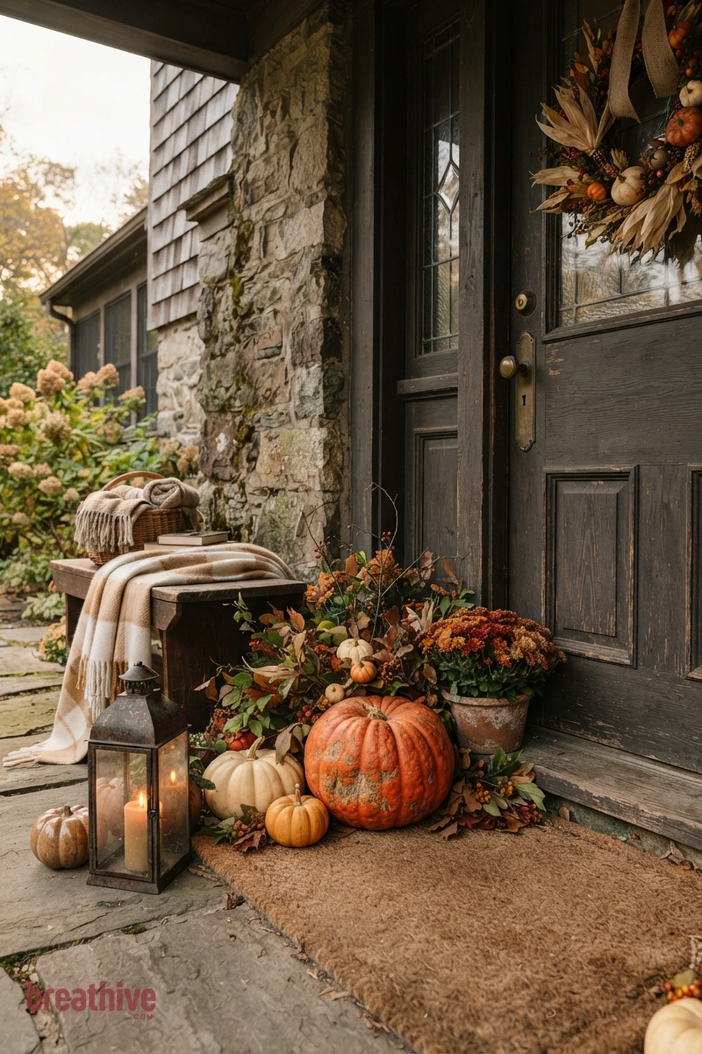 cozy Halloween front entry idea with close material study showing seasonal surfaces, textiles, lanterns, foliage, and pumpkin texture