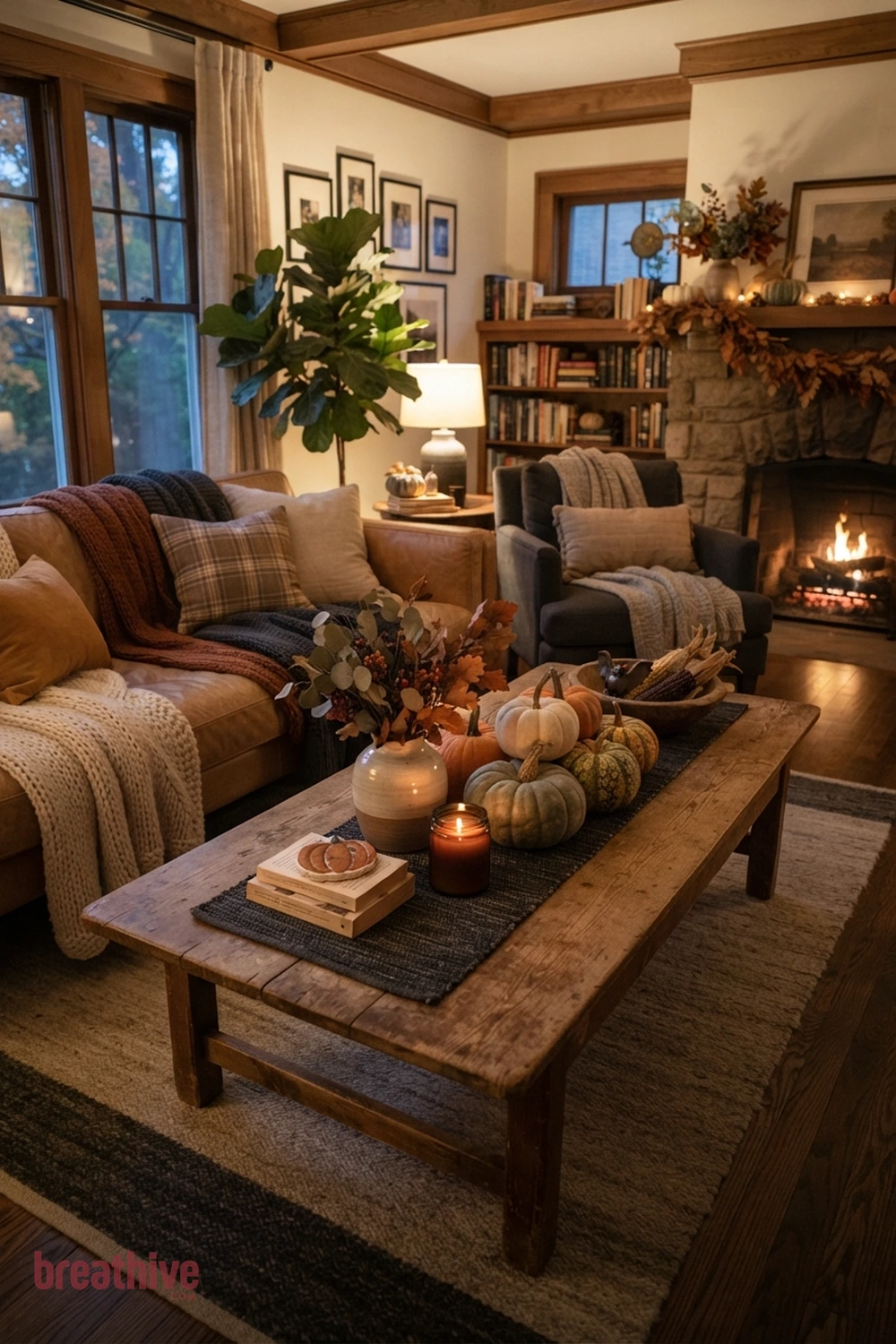 cozy Halloween living room idea with coffee table vignette that leaves usable surface space around seasonal decor