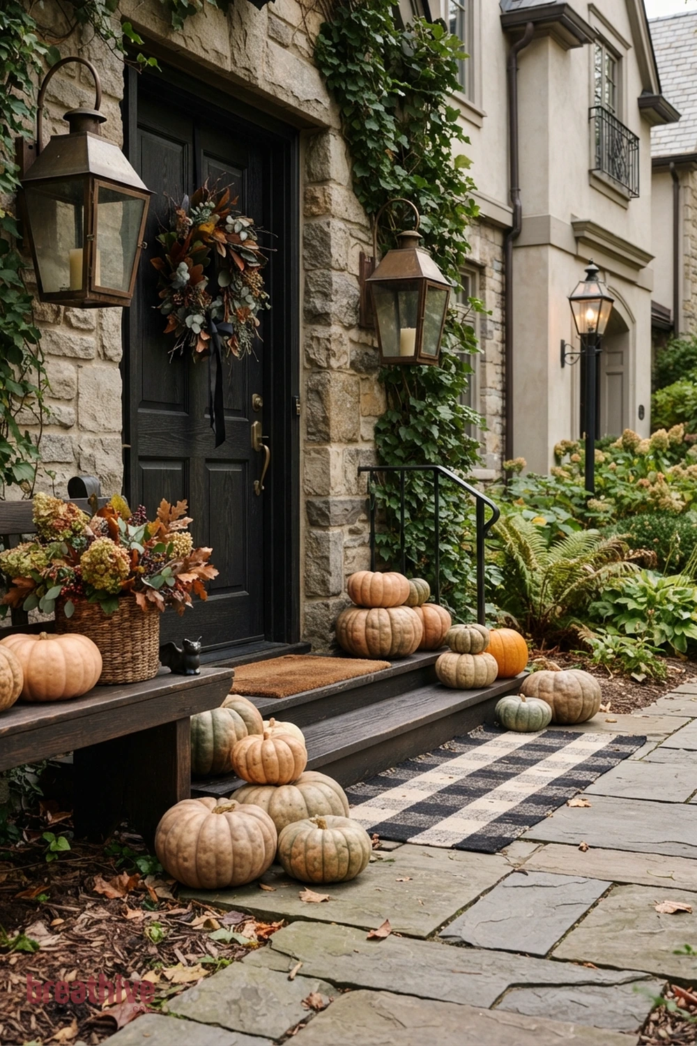 classy Halloween front yard and entry idea with close-up of outdoor materials, anchors, props, foliage, and finishes that look believable outside