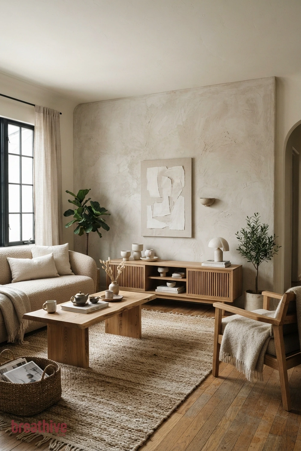 Repeat One Material Across the Room in a japandi living room