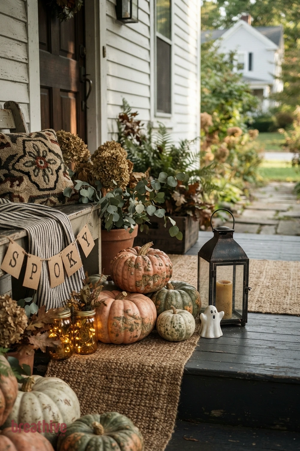 DIY polished Halloween front porch idea with close material study showing seasonal surfaces, textiles, lanterns, foliage, and pumpkin texture