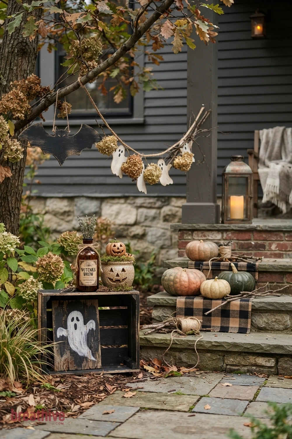DIY outdoor Halloween front yard idea with close-up of outdoor materials, anchors, props, foliage, and finishes that look believable outside