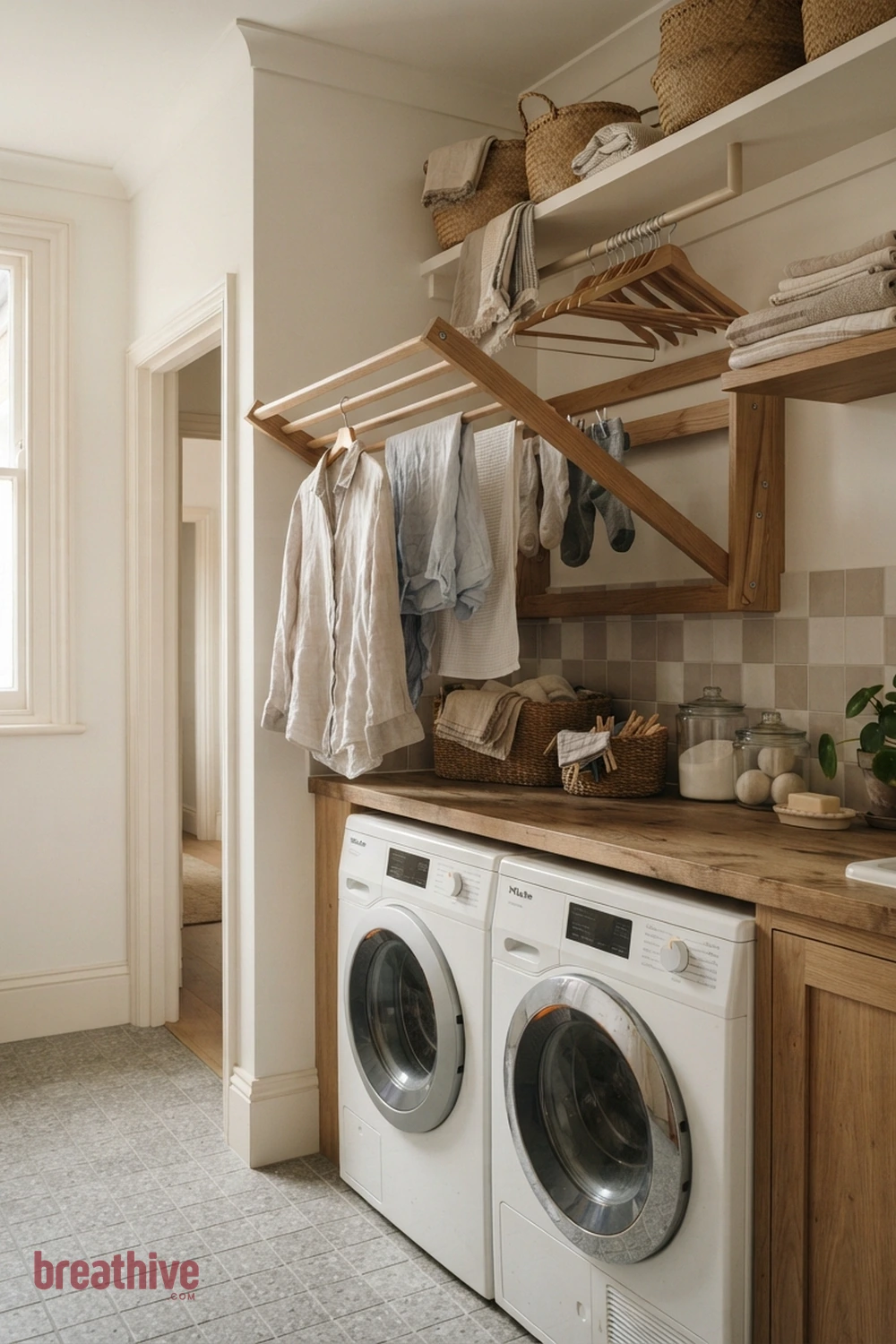 Use a Fold-Down Drying Rack in a thoughtful laundry room