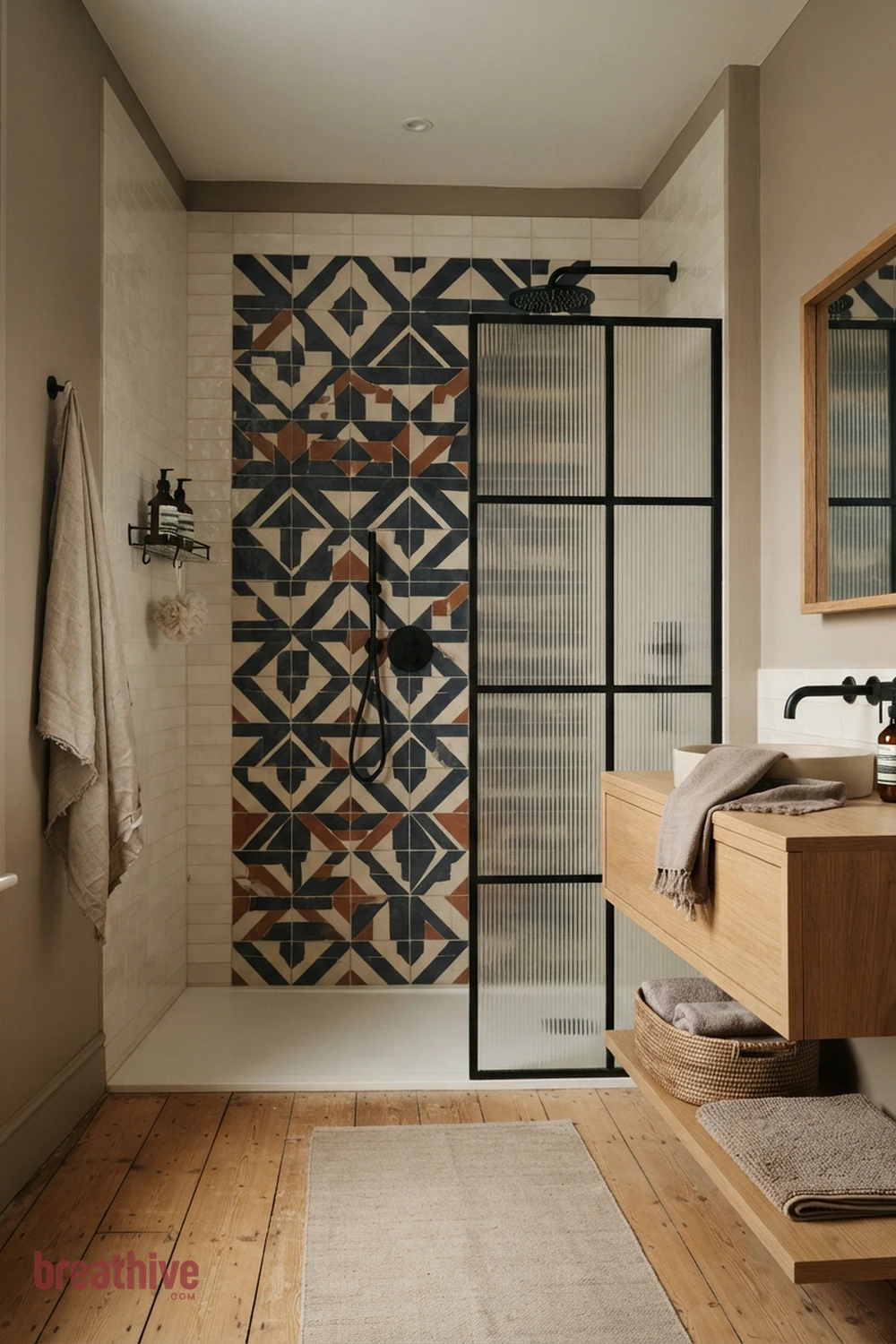 Mix One Statement Tile With Quiet Field Tile in a thoughtful bathroom