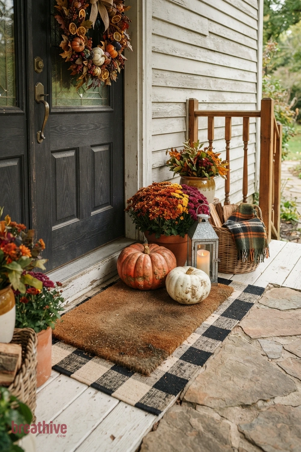 farmhouse Halloween front porch idea with close material study showing seasonal surfaces, textiles, lanterns, foliage, and pumpkin texture