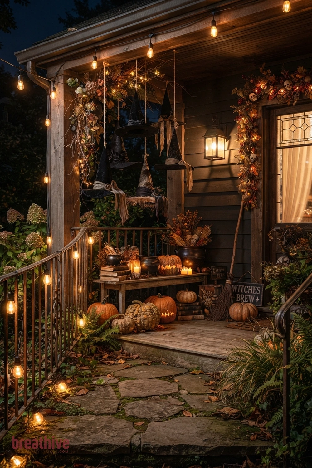 whimsical witch Halloween porch and walkway idea with close-up of outdoor materials, anchors, props, foliage, and finishes that look believable outside