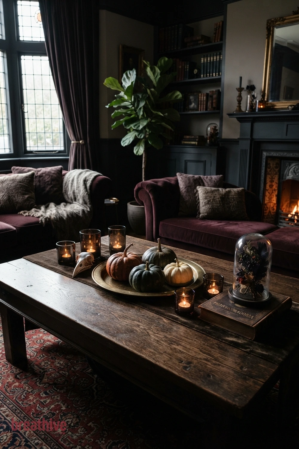 gothic Halloween living room idea with coffee table vignette that leaves usable surface space around seasonal decor