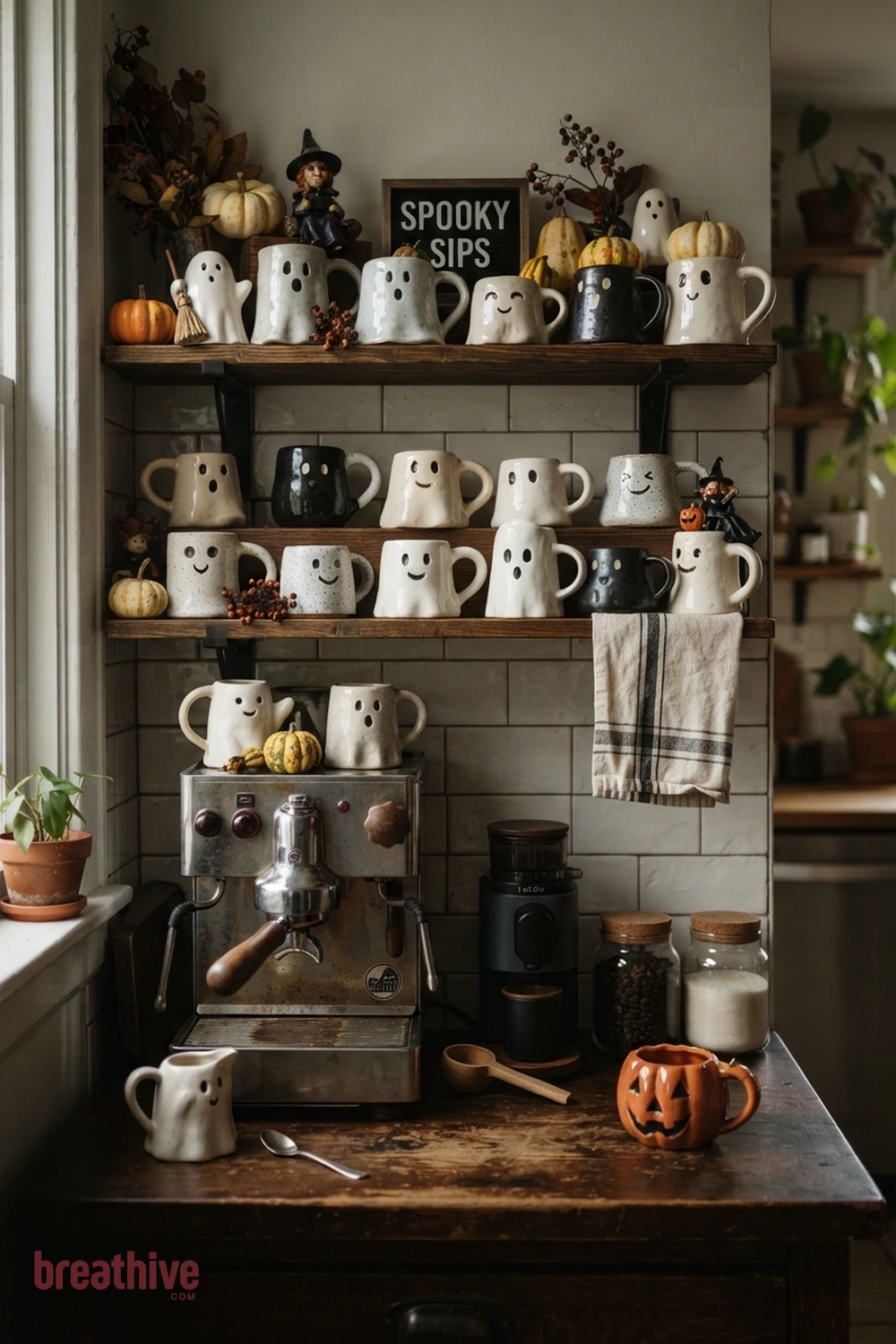 ghost mug collection Halloween kitchen coffee station idea with close-up of ceramics, glass, textiles, wood, metal, and seasonal texture