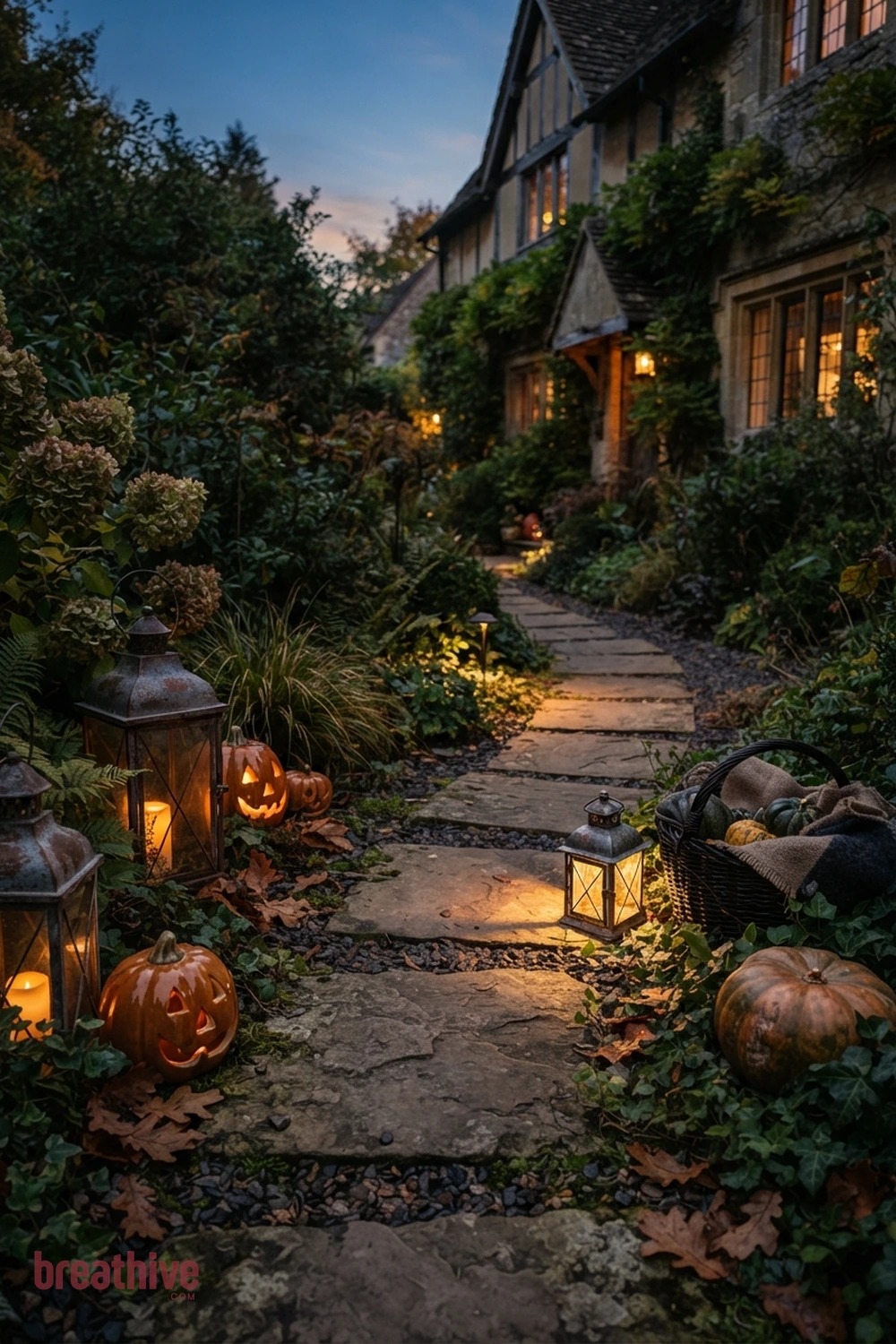 path lighting Halloween garden pathway idea with close-up of outdoor materials, anchors, props, foliage, and finishes that look believable outside