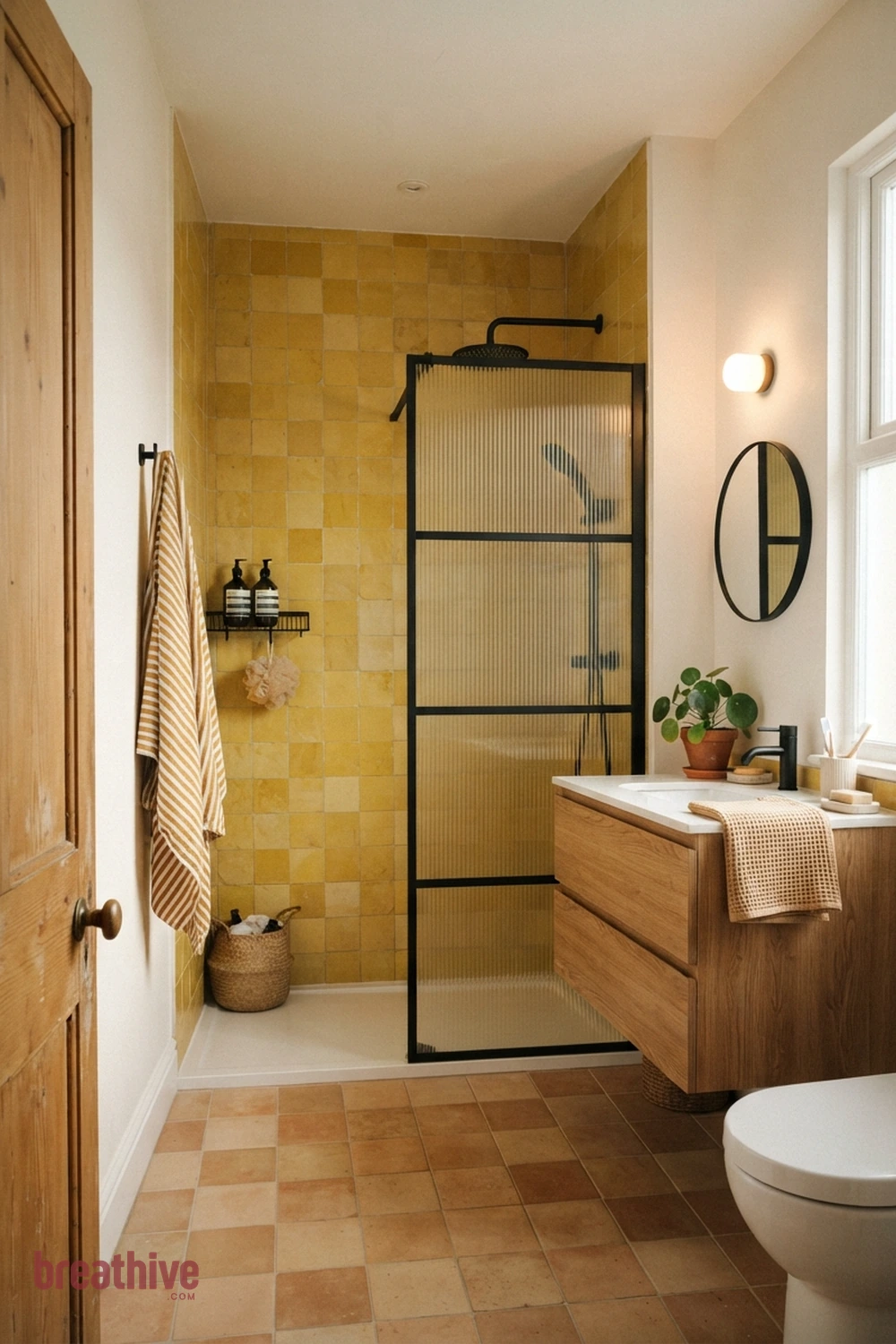 Mix One Statement Tile With Quiet Field Tile in a yellow bathroom