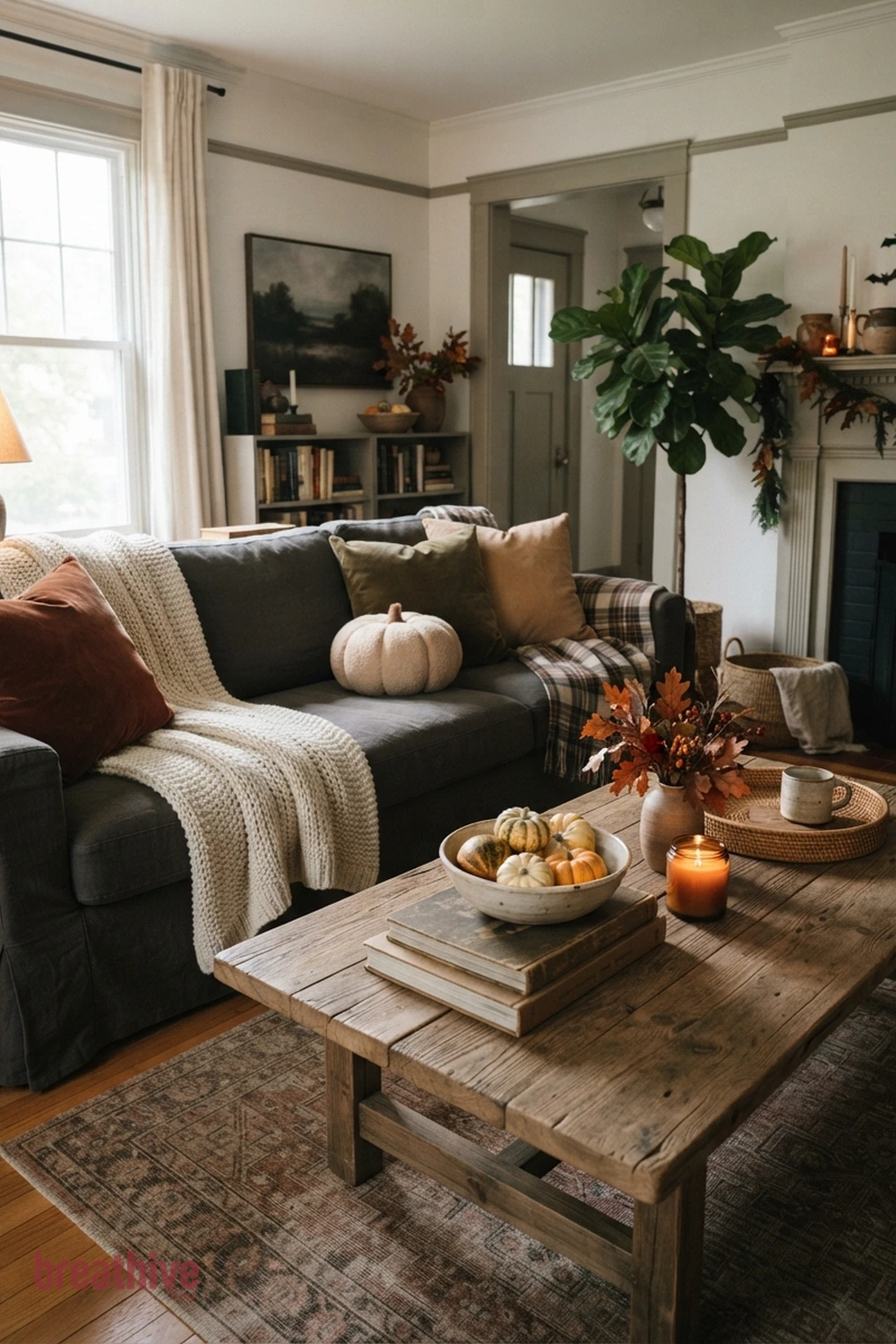 sofa-focused Halloween living room idea with coffee table vignette that leaves usable surface space around seasonal decor