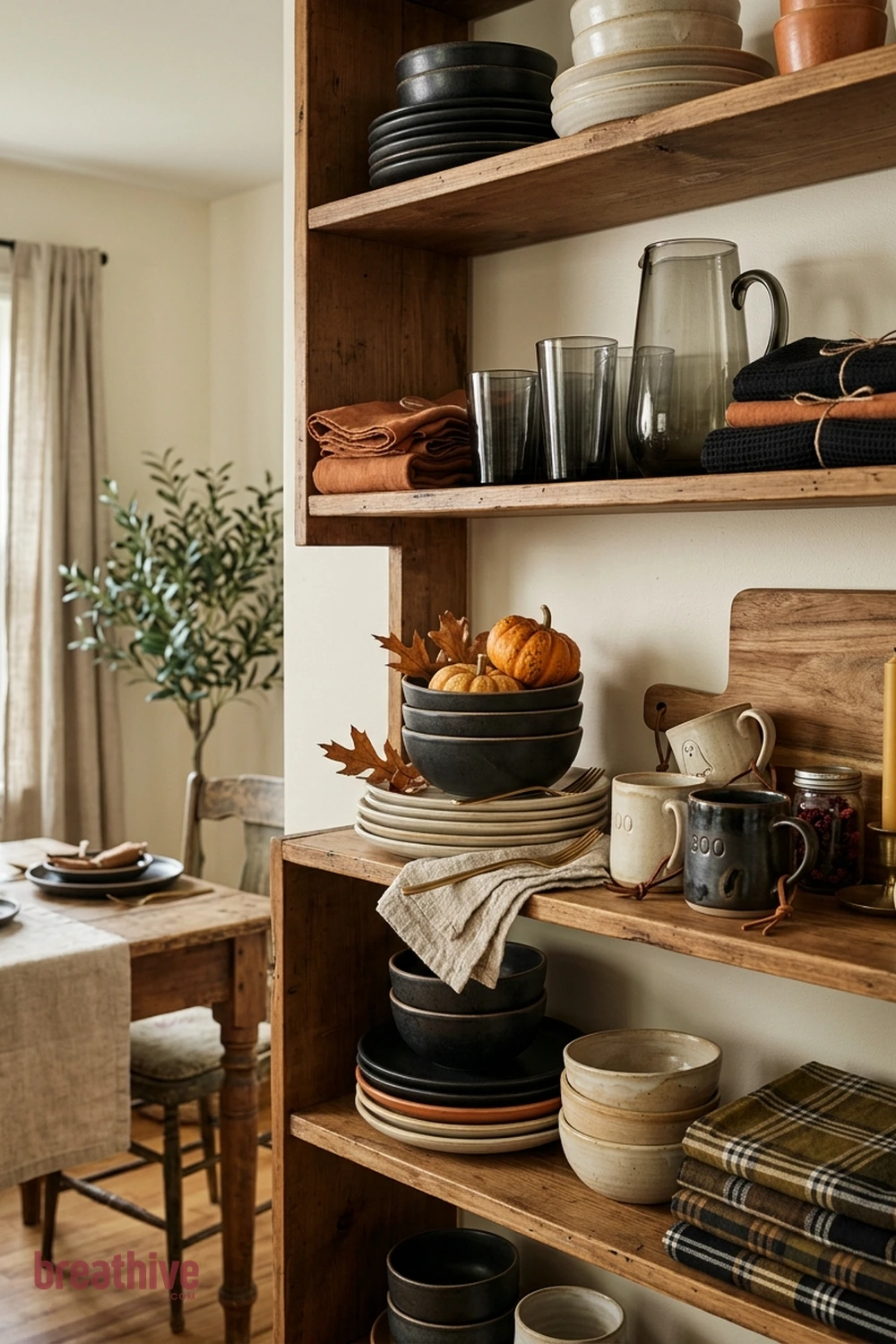 dishware display Halloween kitchen and dining room idea with close-up of ceramics, glass, textiles, wood, metal, and seasonal texture