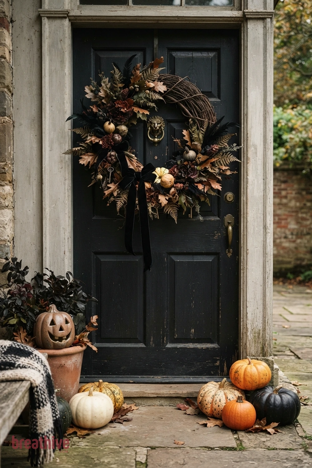 wreath-focused Halloween front door exterior idea with close-up of outdoor materials, anchors, props, foliage, and finishes that look believable outside