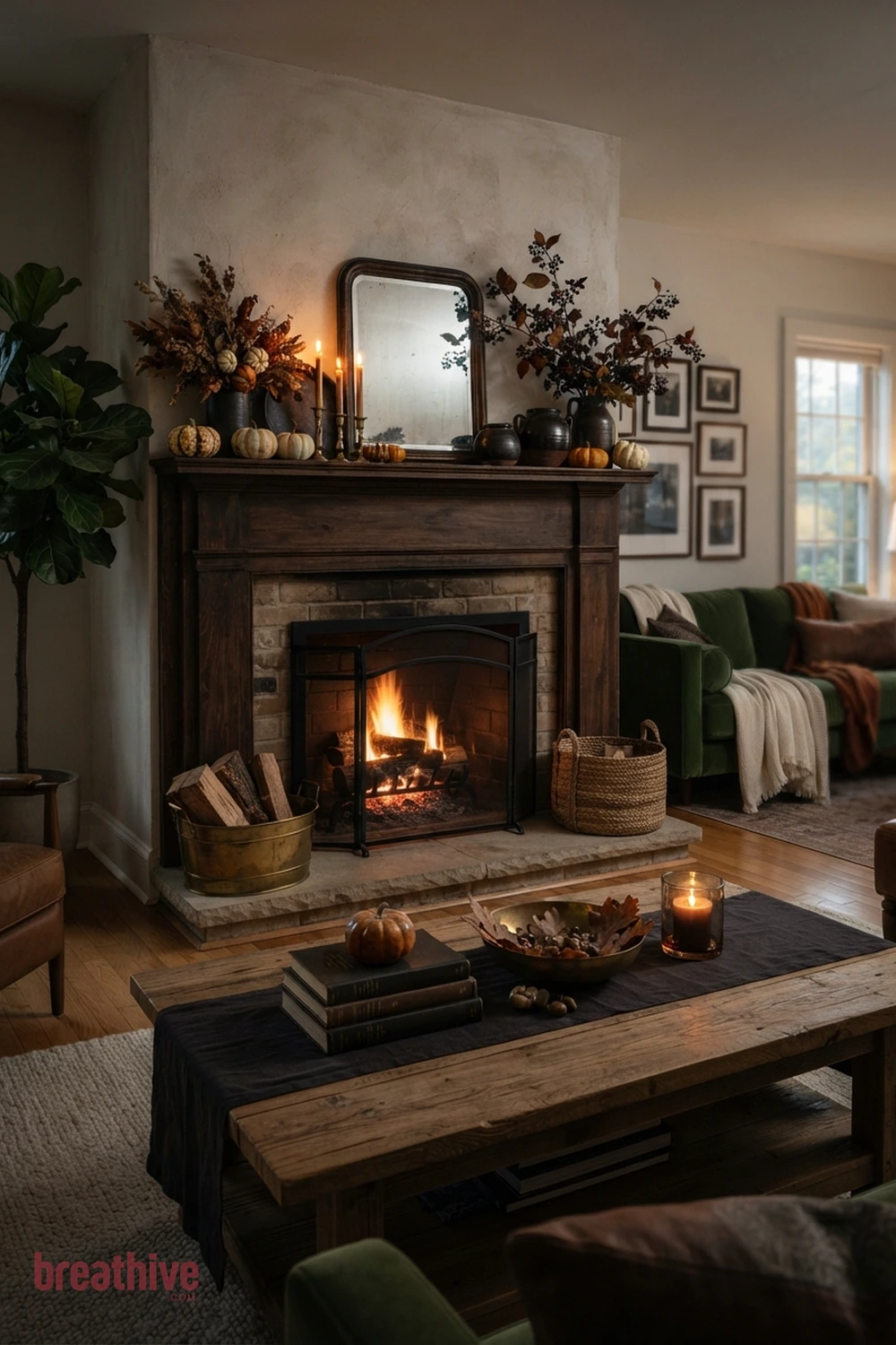 mantel-focused Halloween living room fireplace idea with coffee table vignette that leaves usable surface space around seasonal decor