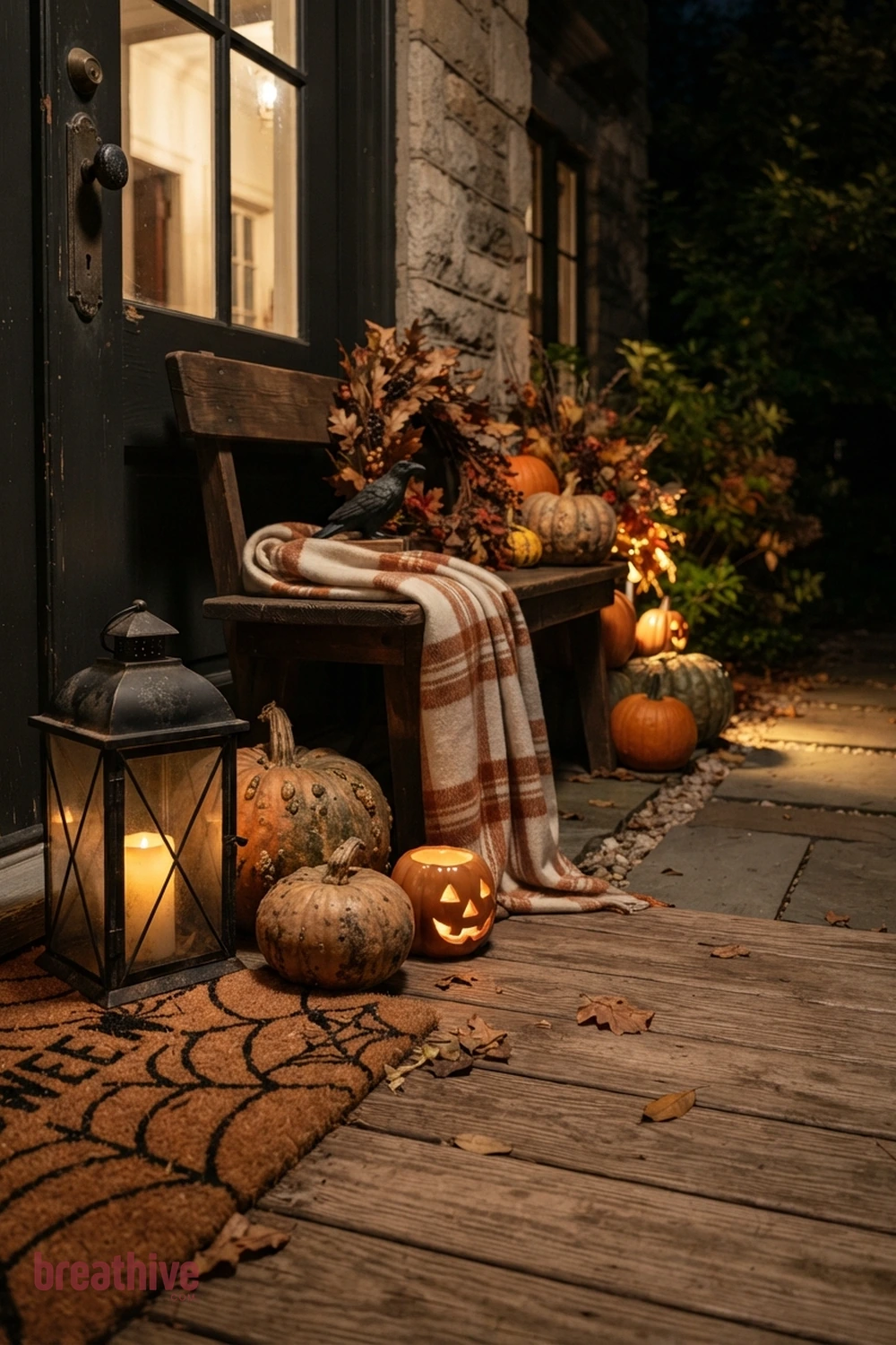 lighting-focused Halloween front porch idea with close material study showing seasonal surfaces, textiles, lanterns, foliage, and pumpkin texture