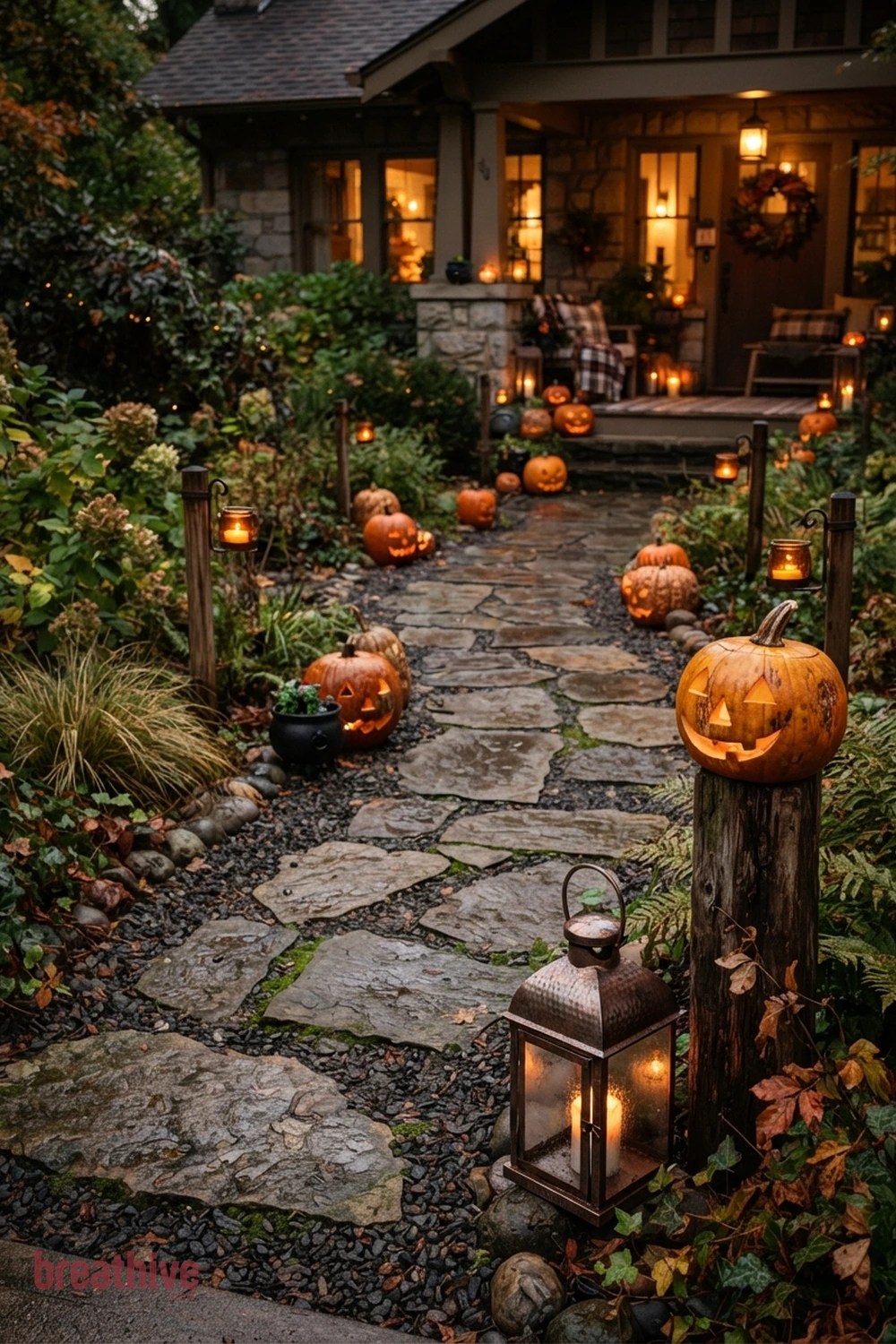 wayfinding Halloween garden pathway idea with close-up of outdoor materials, anchors, props, foliage, and finishes that look believable outside