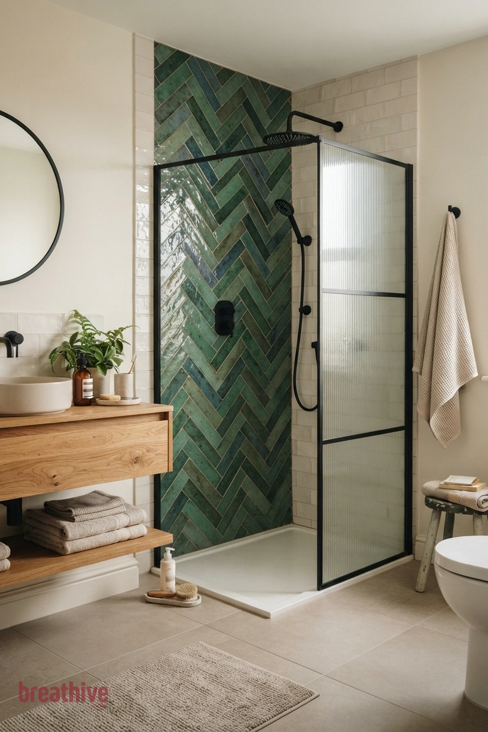 Mix One Statement Tile With Quiet Field Tile in a thoughtful bathroom