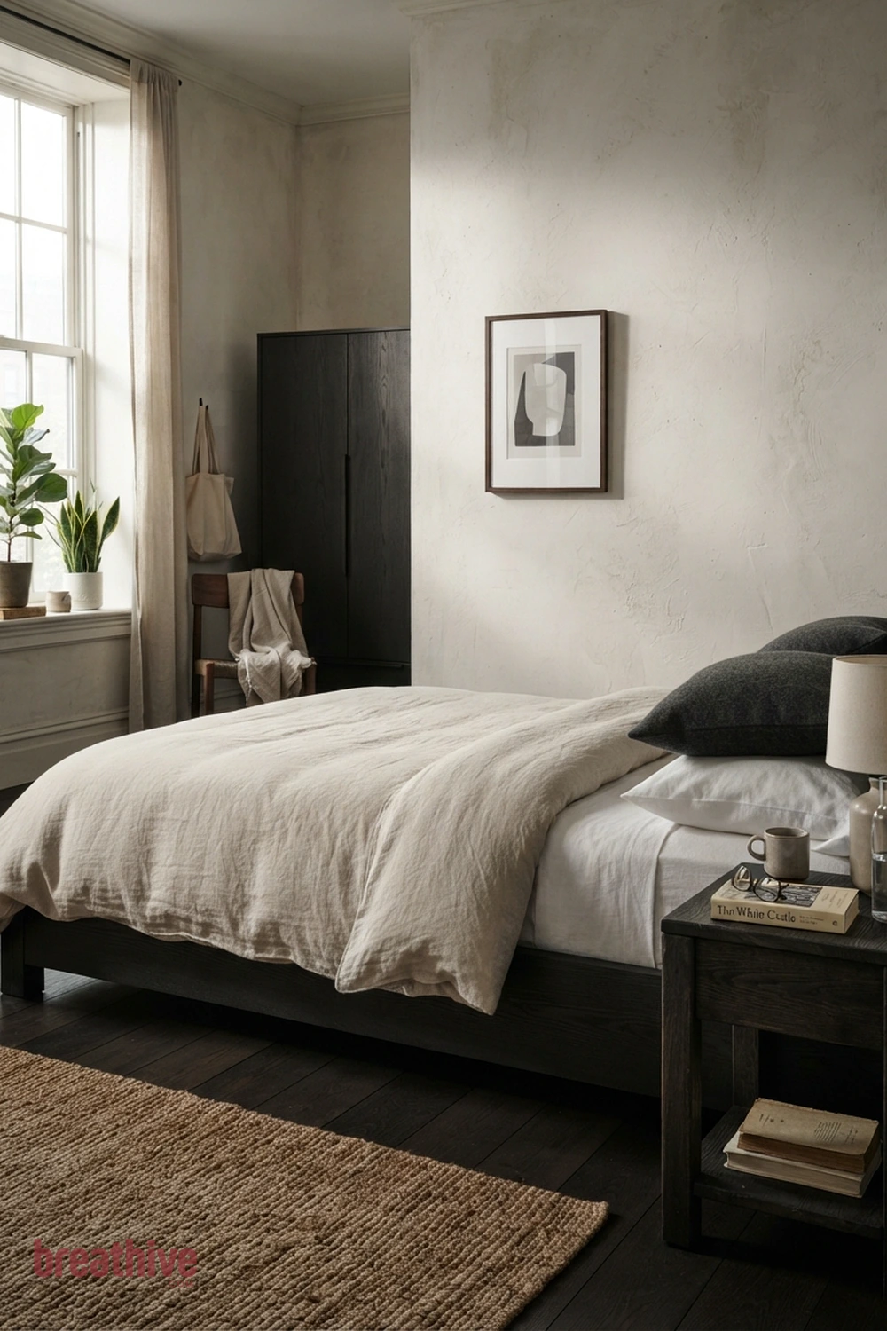 Balance Dark Furniture With Pale Textiles in a minimalist bedroom