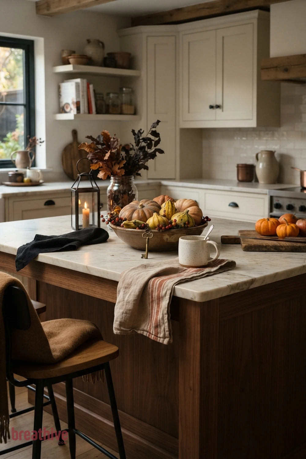 island-focused Halloween kitchen idea with close-up of ceramics, glass, textiles, wood, metal, and seasonal texture