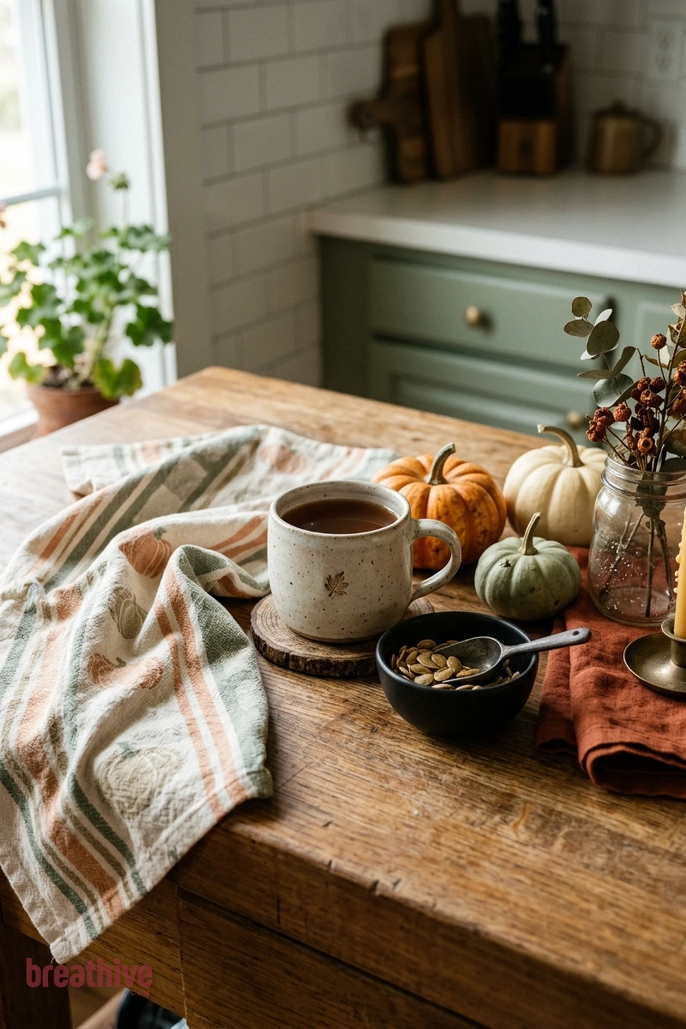 textile accent Halloween kitchen idea with close-up of ceramics, glass, textiles, wood, metal, and seasonal texture