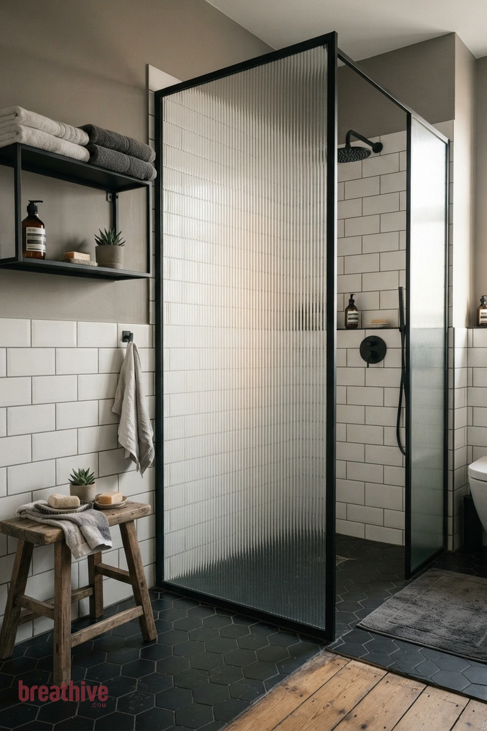 Use Ribbed Glass for Privacy and Light in a black and white bathroom