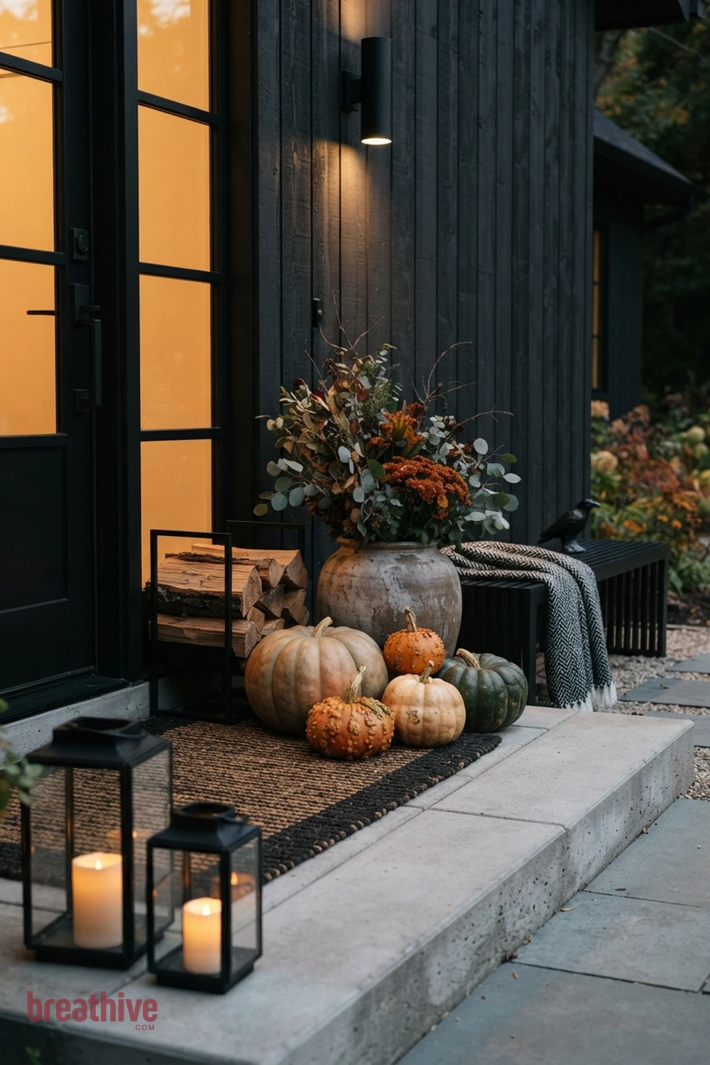 modern Halloween front porch idea with close material study showing seasonal surfaces, textiles, lanterns, foliage, and pumpkin texture