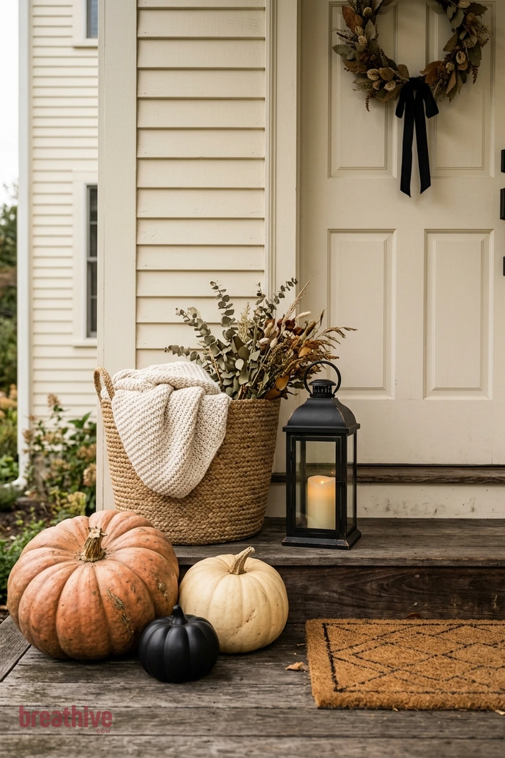 minimalist Halloween front porch idea with close material study showing seasonal surfaces, textiles, lanterns, foliage, and pumpkin texture