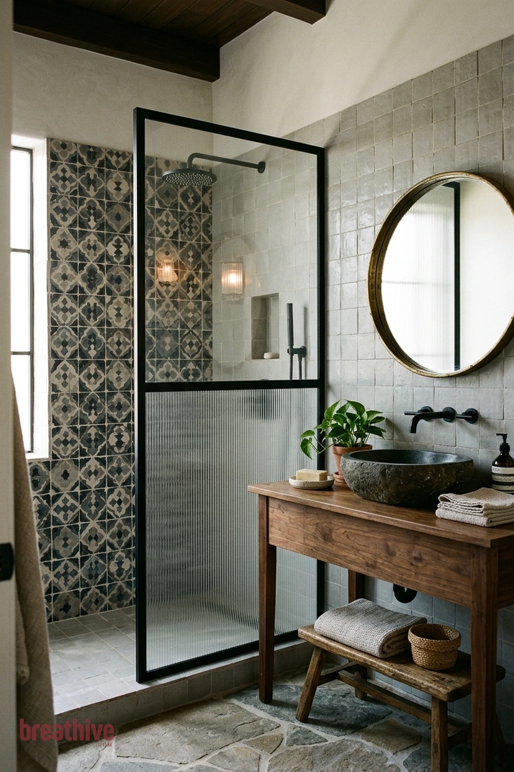 Mix One Statement Tile With Quiet Field Tile in a rustic bathroom