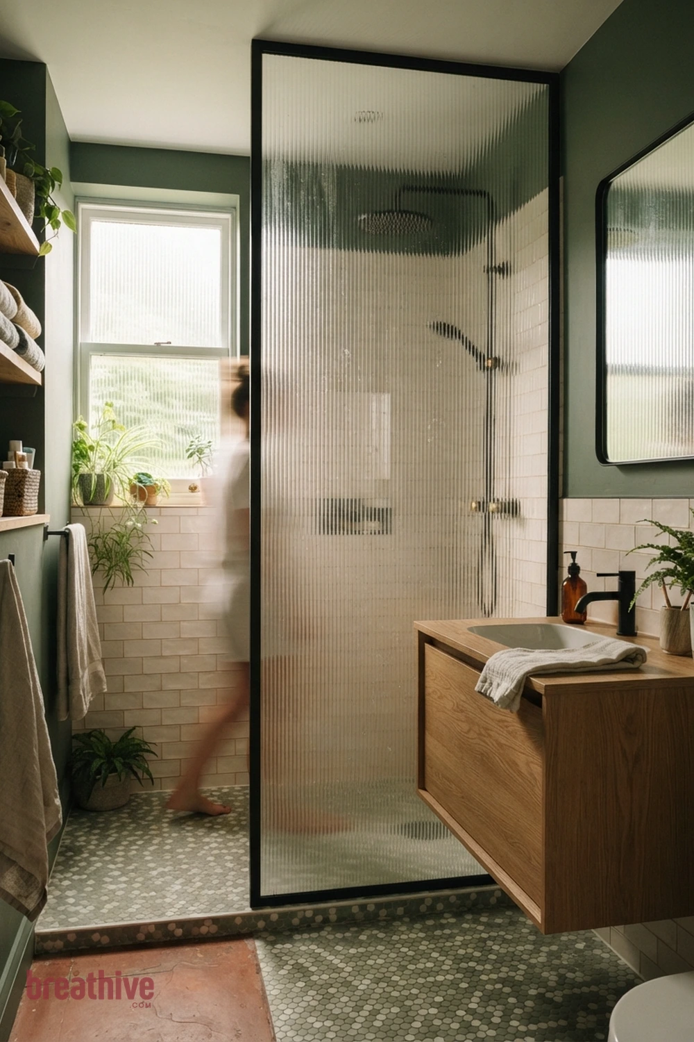 Use Ribbed Glass for Privacy and Light in a green bathroom