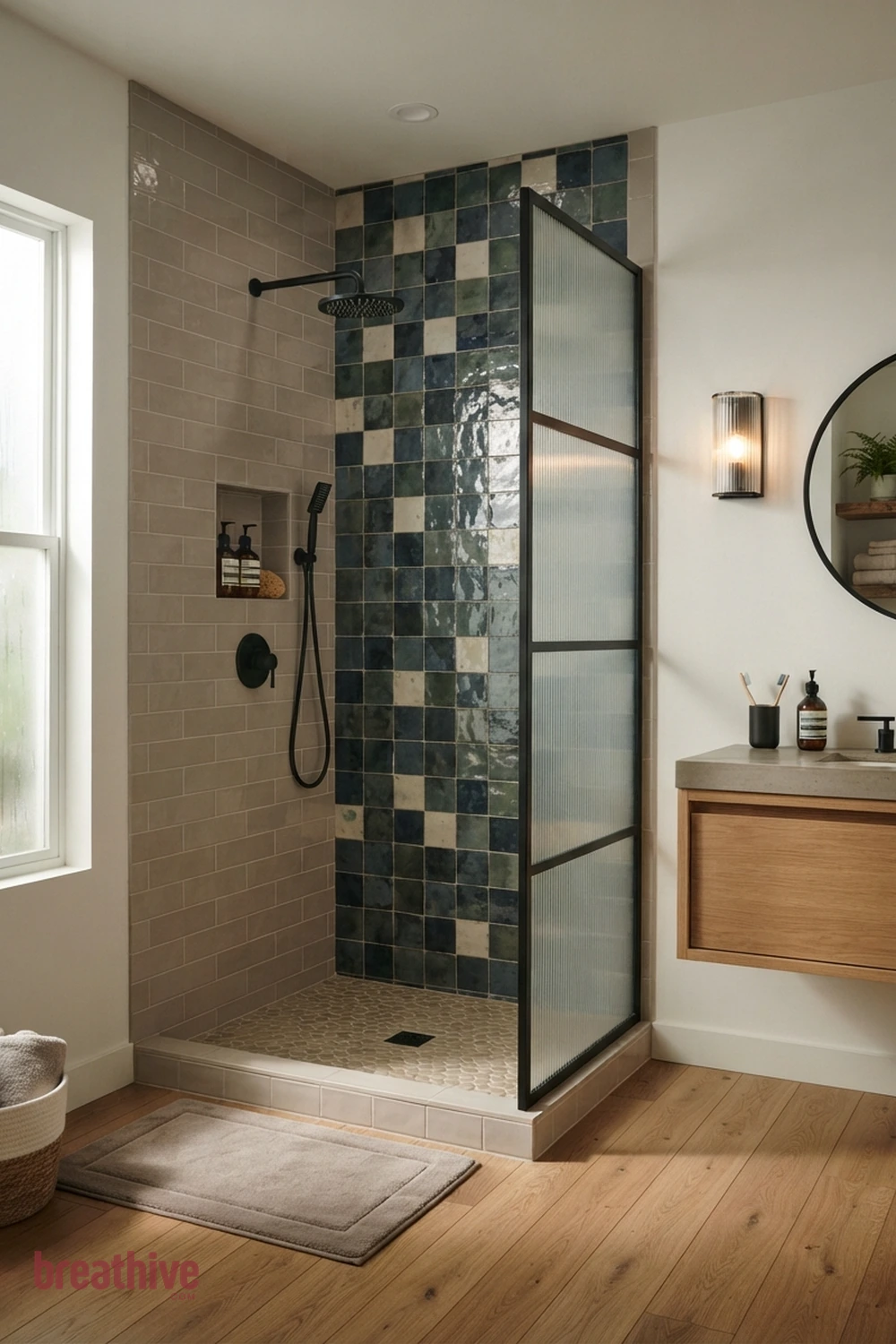Mix One Statement Tile With Quiet Field Tile in a thoughtful bathroom