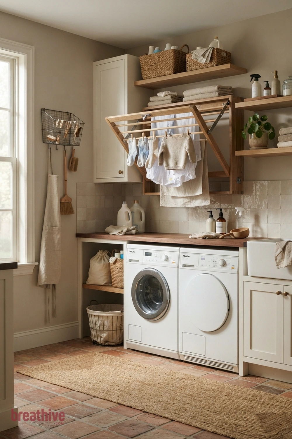 Use a Fold-Down Drying Rack in a thoughtful laundry room