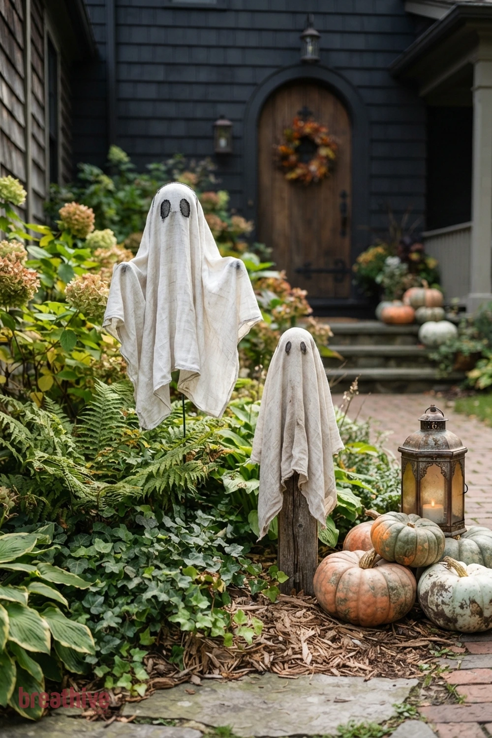 ghost-themed Halloween front yard idea with close-up of outdoor materials, anchors, props, foliage, and finishes that look believable outside