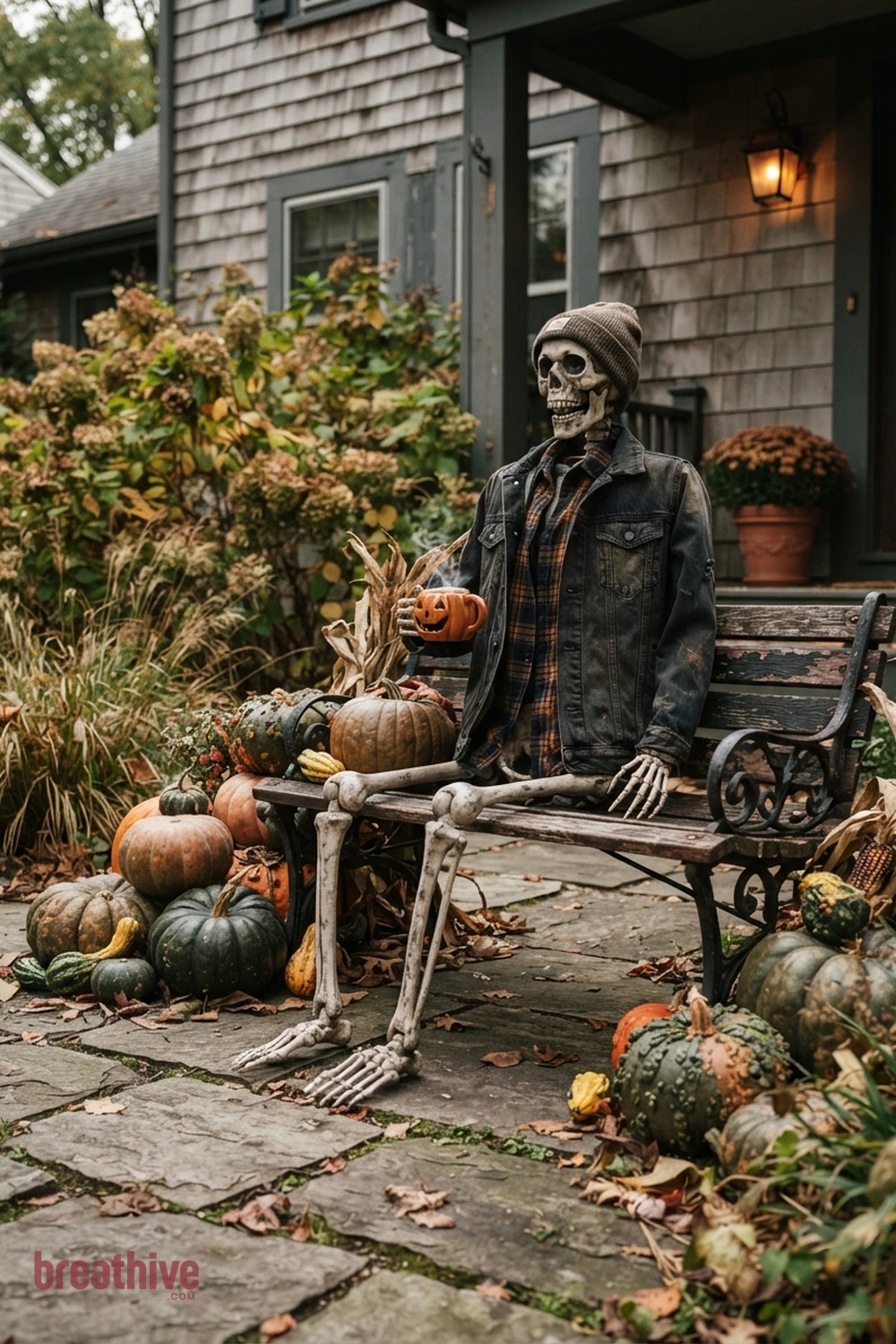 skeleton scene Halloween front yard idea with close-up of outdoor materials, anchors, props, foliage, and finishes that look believable outside