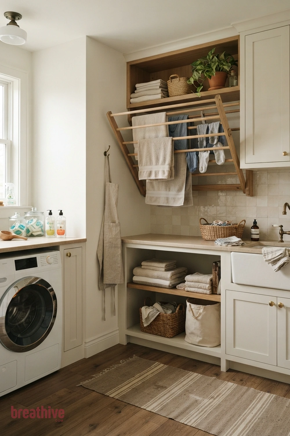 Use a Fold-Down Drying Rack in a thoughtful laundry room