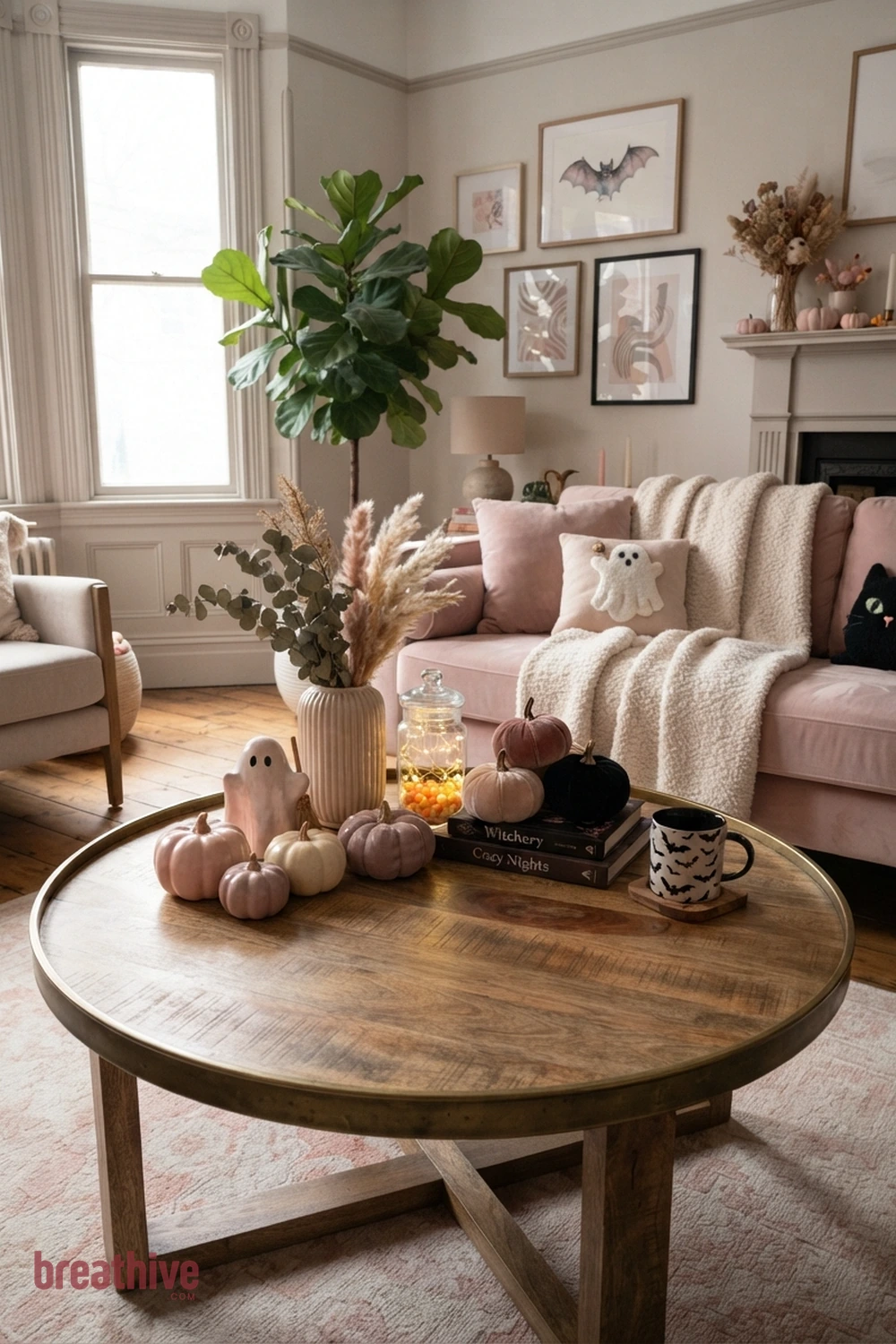 pink playful Halloween living room idea with coffee table vignette that leaves usable surface space around seasonal decor