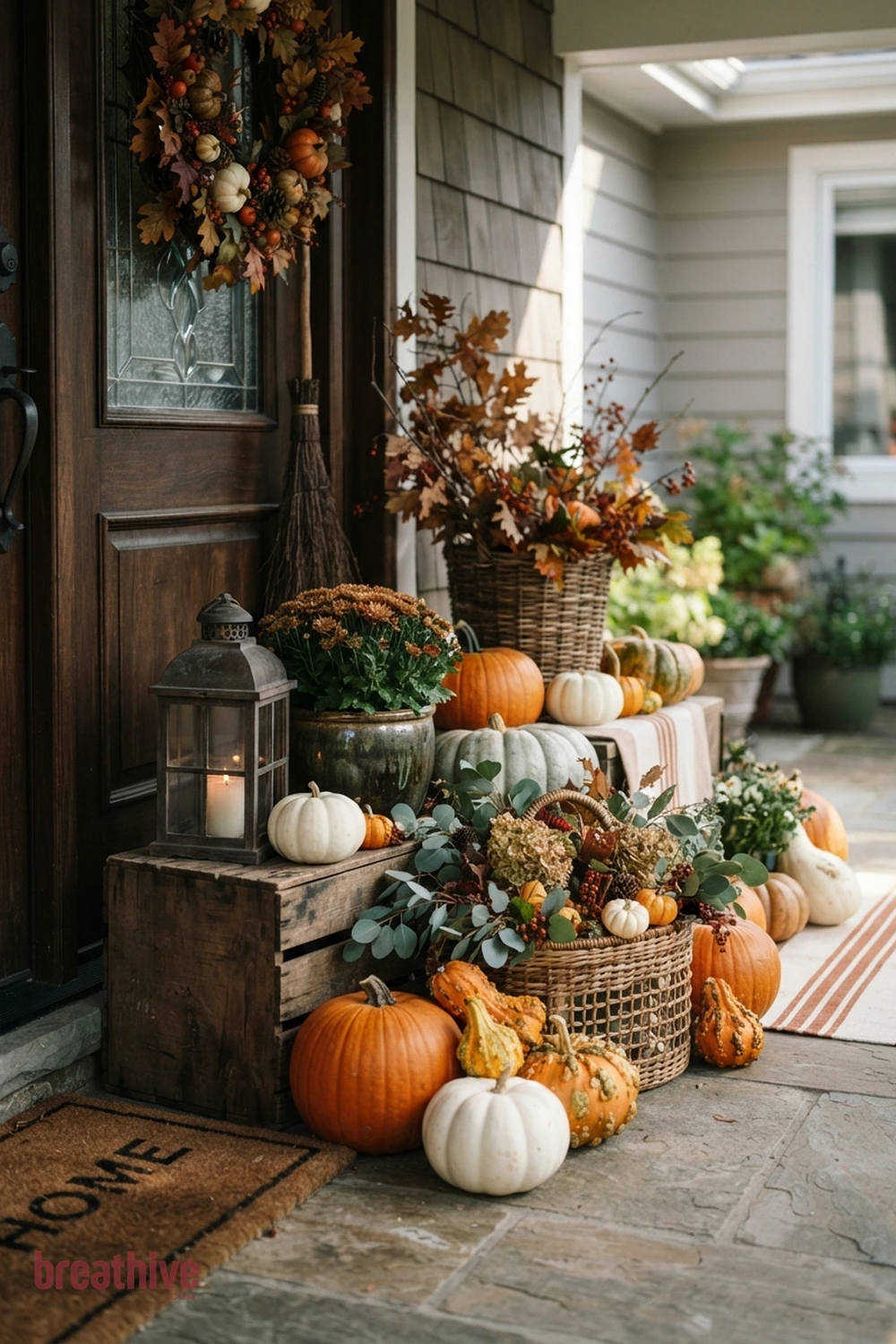 pumpkin layered Halloween front porch idea with close material study showing seasonal surfaces, textiles, lanterns, foliage, and pumpkin texture